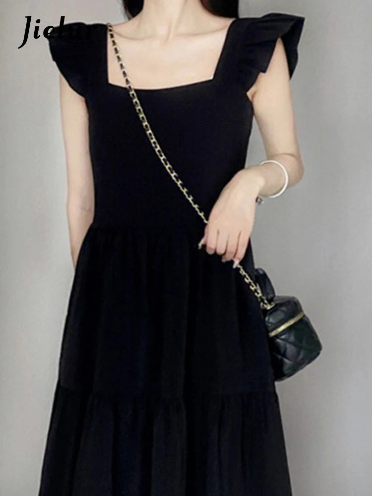 Elegant Black Ruffles Sleeveless Chiffon Dress for Women - Summer Solid Color Square Neck Evening Gown | Perfect for Cocktail Parties, Weddings & Formal Occasions