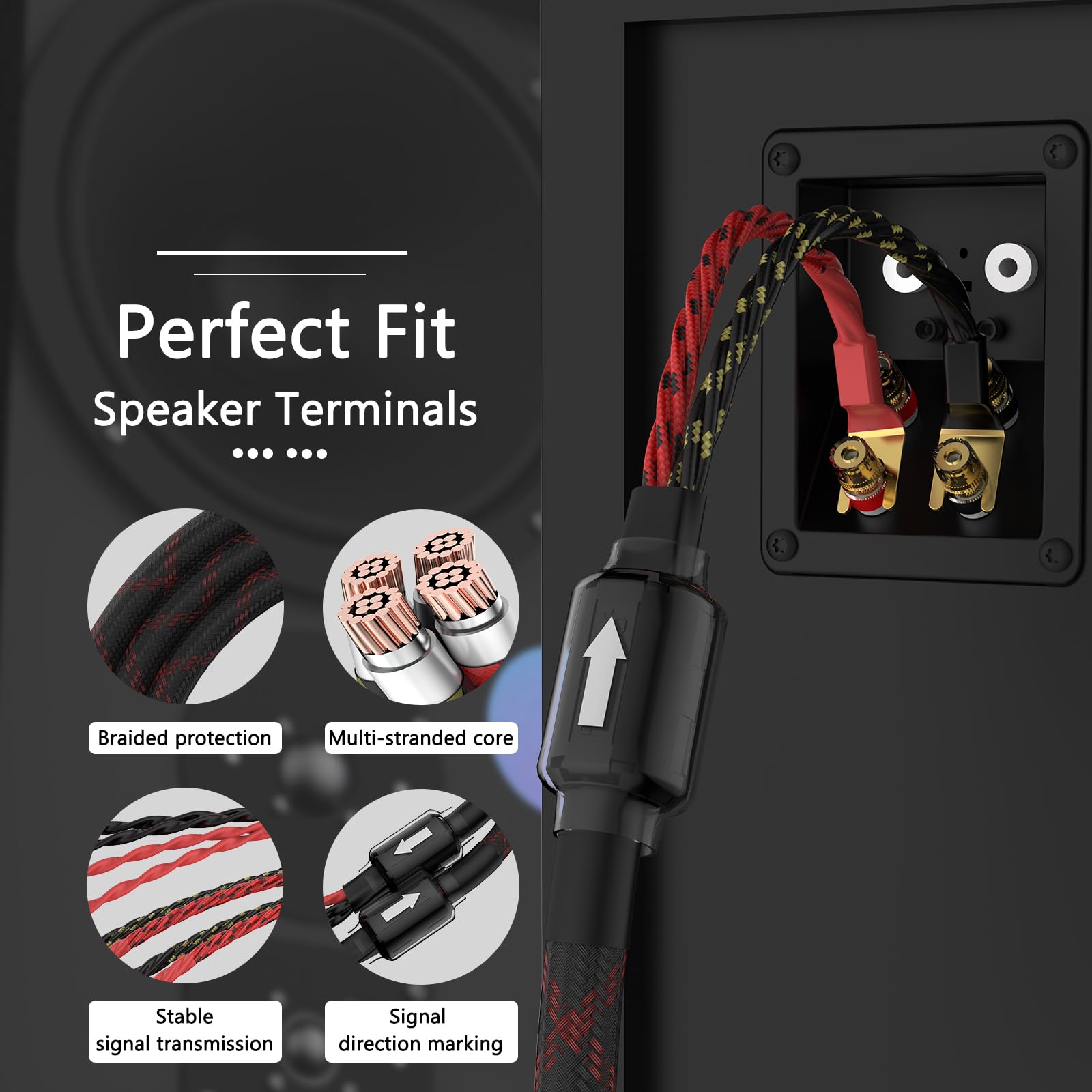 Premium HiFi OFC Braided Speaker Cable with 4 Banana Plugs & 4 Spade Connectors - 2m/6.56ft for Home Theater, Concerts, KTV & Audiophile Sound Systems - High-Quality Oxygen-Free Copper Audio Cable for Amplifiers & Speakers