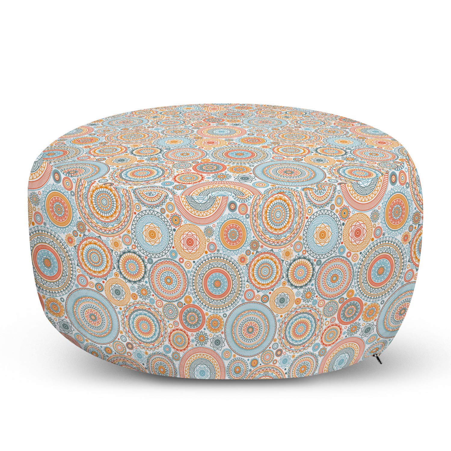 Vintage Pouf Cover with Zipper - Rhythmic Mandala Design in Pastel Tones & Damask Print | Soft Decorative Fabric Unstuffed Case | 30