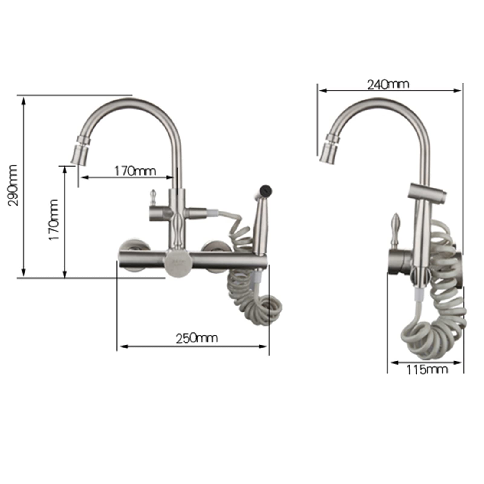 Commercial Grade 360° Swivel Brushed Stainless Steel Kitchen Faucet with Pull Down Sprayer - Wall Mount Double Hole Hot & Cold Water Mixer Tap - Dual Mode Spout for Restaurant & Home Kitchen Sink