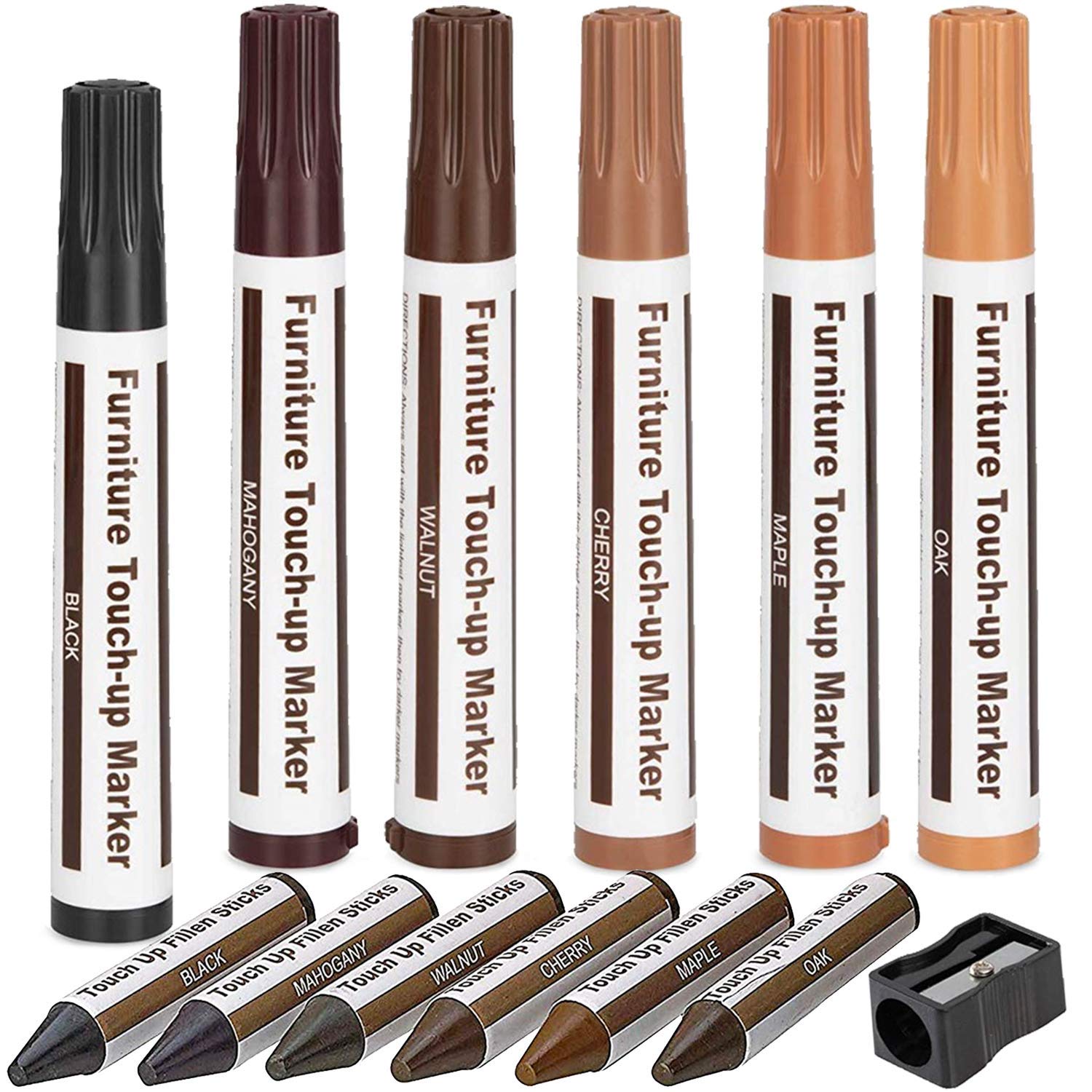 13-Piece Wood Furniture Repair Kit - Touch Up Markers & Wax Sticks for Scratches, Stains, Floors - Includes Sharpener | Perfect for Carpenters, DIY Home Repair, Cabinet Restoration & Molding Fixes