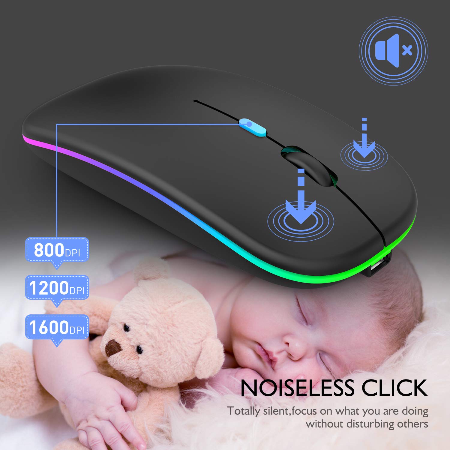 Wireless Bluetooth Mouse for MacBook Pro/Air - Rechargeable, 7-Color LED Backlit, Ergonomic Design (Black) | Perfect for Office Work, Gaming & Travel