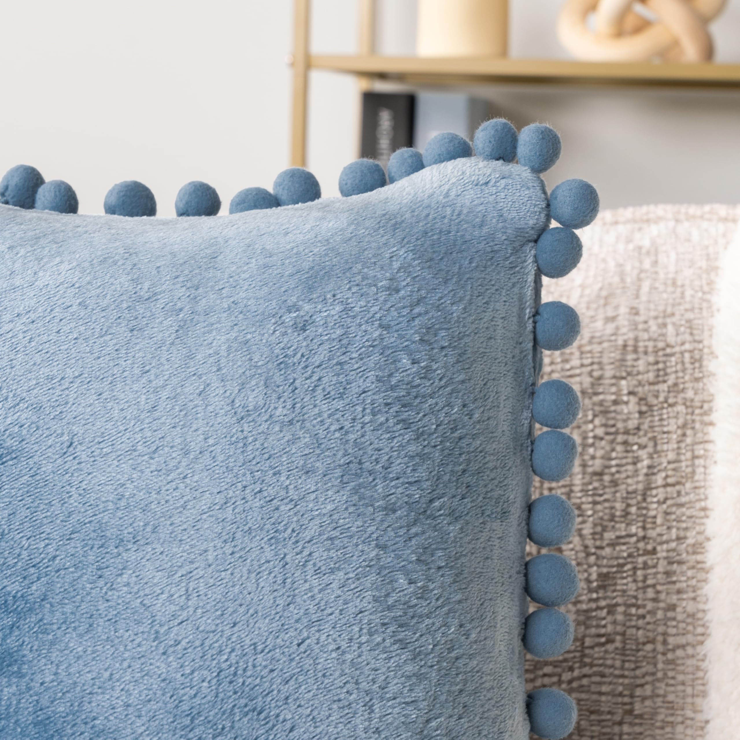 PAVILIA 20x20 Dusty Blue Velvet Throw Pillow Covers Set of 2 - Soft Euro Plush Pom Pom Decorative Cushion Covers for Sofa, Couch & Bed - Perfect for Living Room, Bedroom Aesthetic & Home Decor