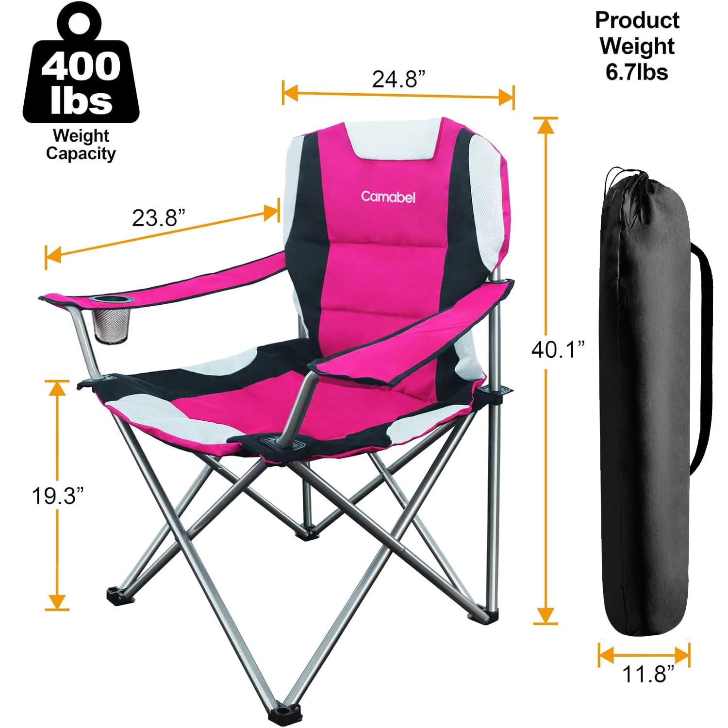 **Camabel 400lbs Oversized Folding Camping Chair - Heavy Duty Portable Collapsible Lawn Chair with Padded Seat & Cup Holder, Lightweight for Beach, Hiking, Fishing, Picnics, Backyard, BBQ, and Outdoor Events (Hanami Pink)**