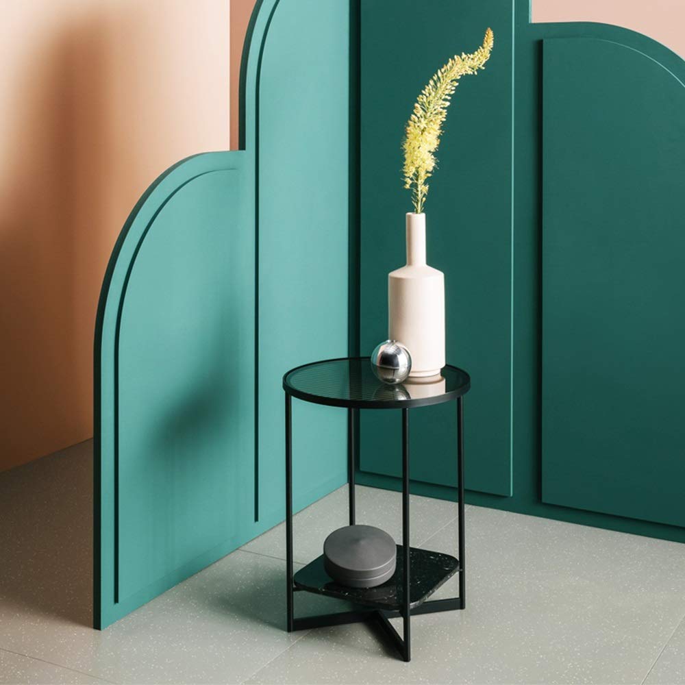 Round Glass Side Table - 36.5x36.5x47.5cm Wrought Iron Marble Base End Table, Nightstand or Sofa Accent Table in Black - Perfect for Living Room, Bedroom or Office Decor