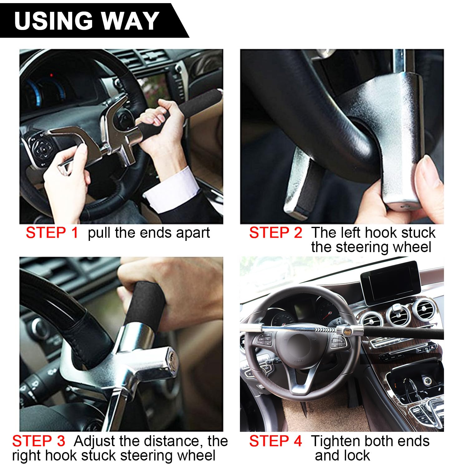 Tevlaphee Universal Steering Wheel Lock - Anti-Theft Car Security Device with Adjustable Double Hook, Emergency Hammer & Window Breaker for Self Defense - Heavy Duty Vehicle Protection (Black) | Ideal for Parking Security & Roadside Emergencies