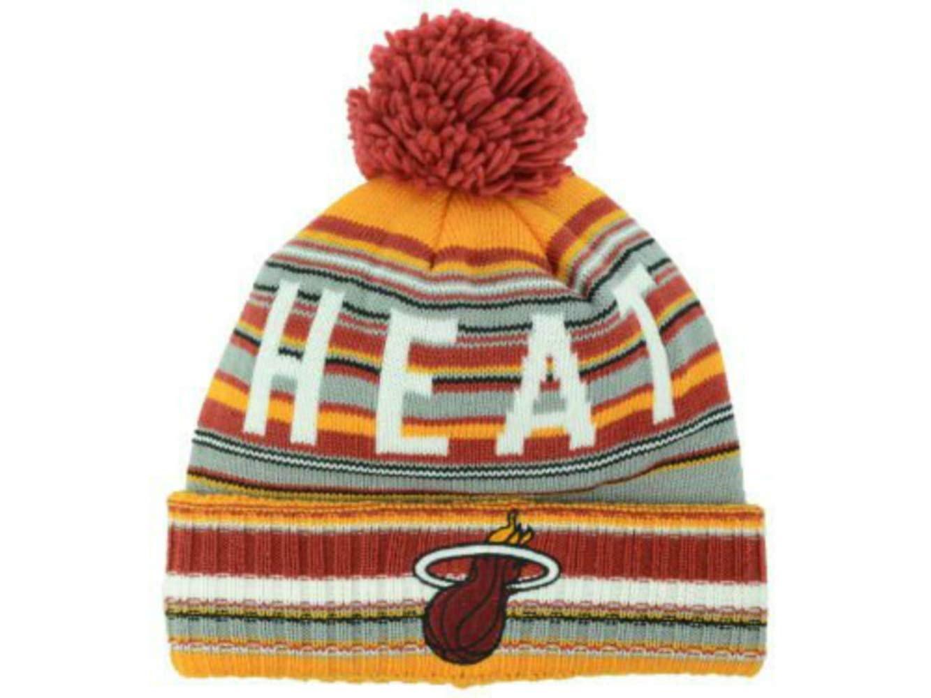 Miami Heat NBA Team Logo Cuff Knit Beanie with Pom Pom - One Size Fits Most Winter Hat for Men & Women - Multi-Color Striped Design - Perfect for Basketball Games, Cold Weather & Streetwear Fashion