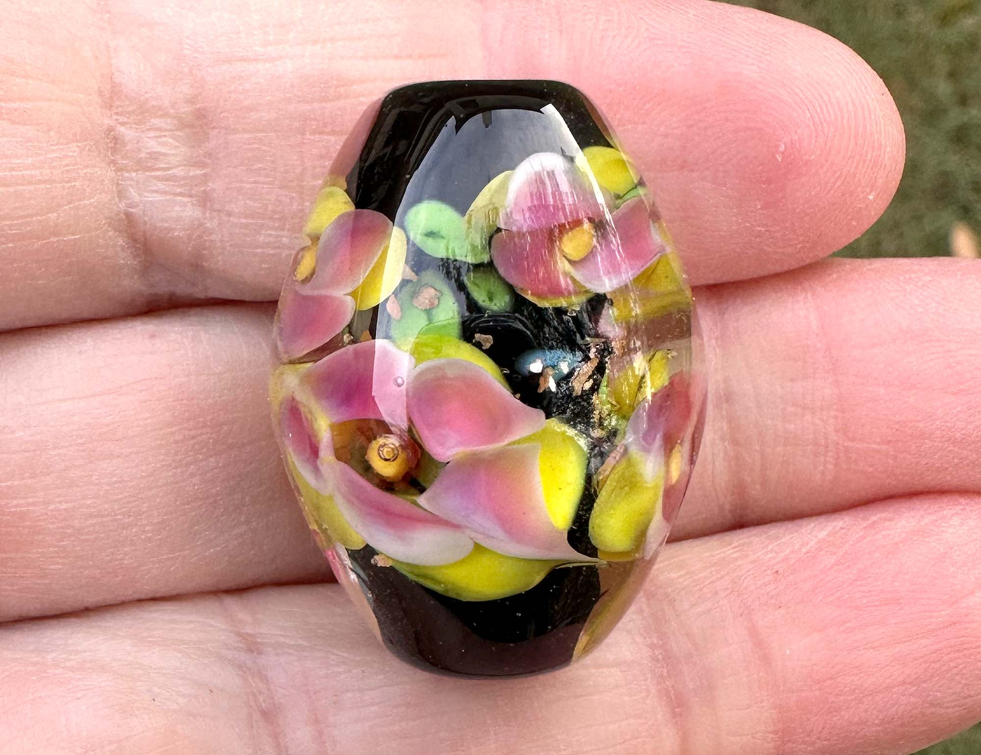 Handmade Yellow Pink Floral Lampwork Glass Focal Bead - SRA Certified Artisan Jewelry Component for Necklaces, Bracelets & DIY Crafting Projects