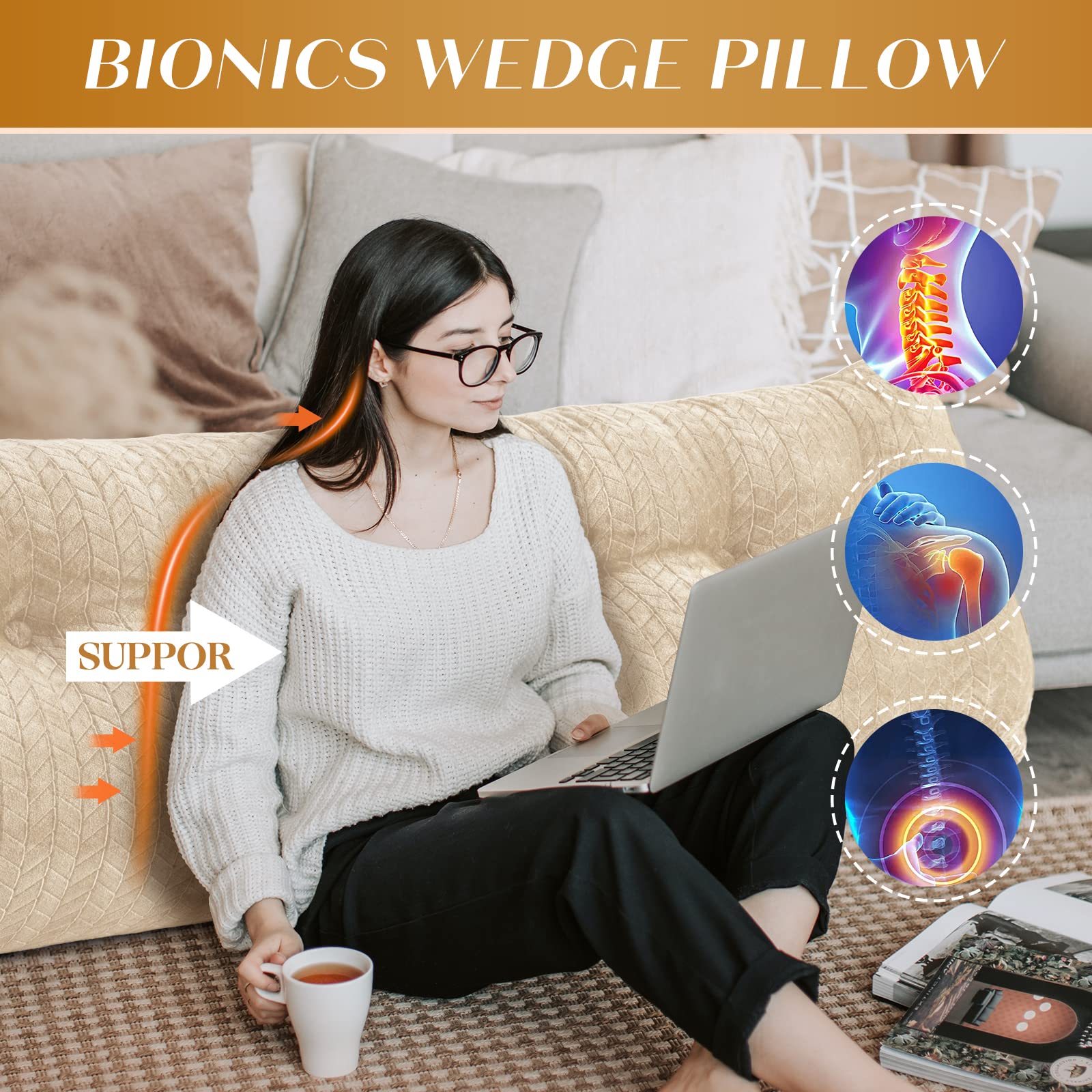 Triangular Wedge Headboard Pillow - Large Bolster Bed Rest Pillow for Reading & Back Support - Removable Cover - Perfect for Bed, Sofa, Floor & Reading Nook