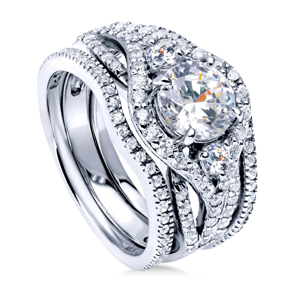 BERRICLE Sterling Silver 3-Stone Wedding Engagement Ring Set - 1.25 Carat Round Cut Cubic Zirconia CZ Wishbone Ring for Women, Rhodium Plated, Size 4-10 | Perfect for Proposals, Anniversaries & Bridal Jewelry Gifts