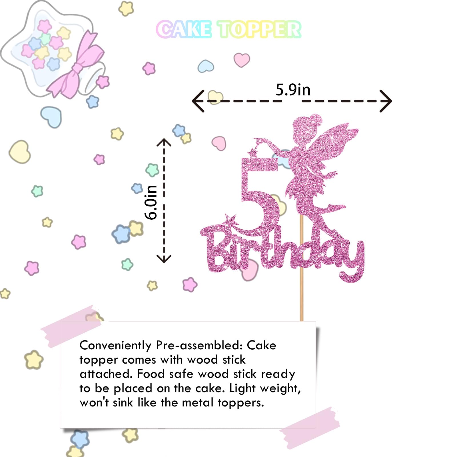 Fairy Happy 5th Birthday Cake Topper - Pink Glitter Fairy Five Cake Decoration for Girls | 5 Years Old Birthday Party Supplies | Perfect for Fairy Garden Themed Celebrations, Birthday Cakes & Kids Party Decorations