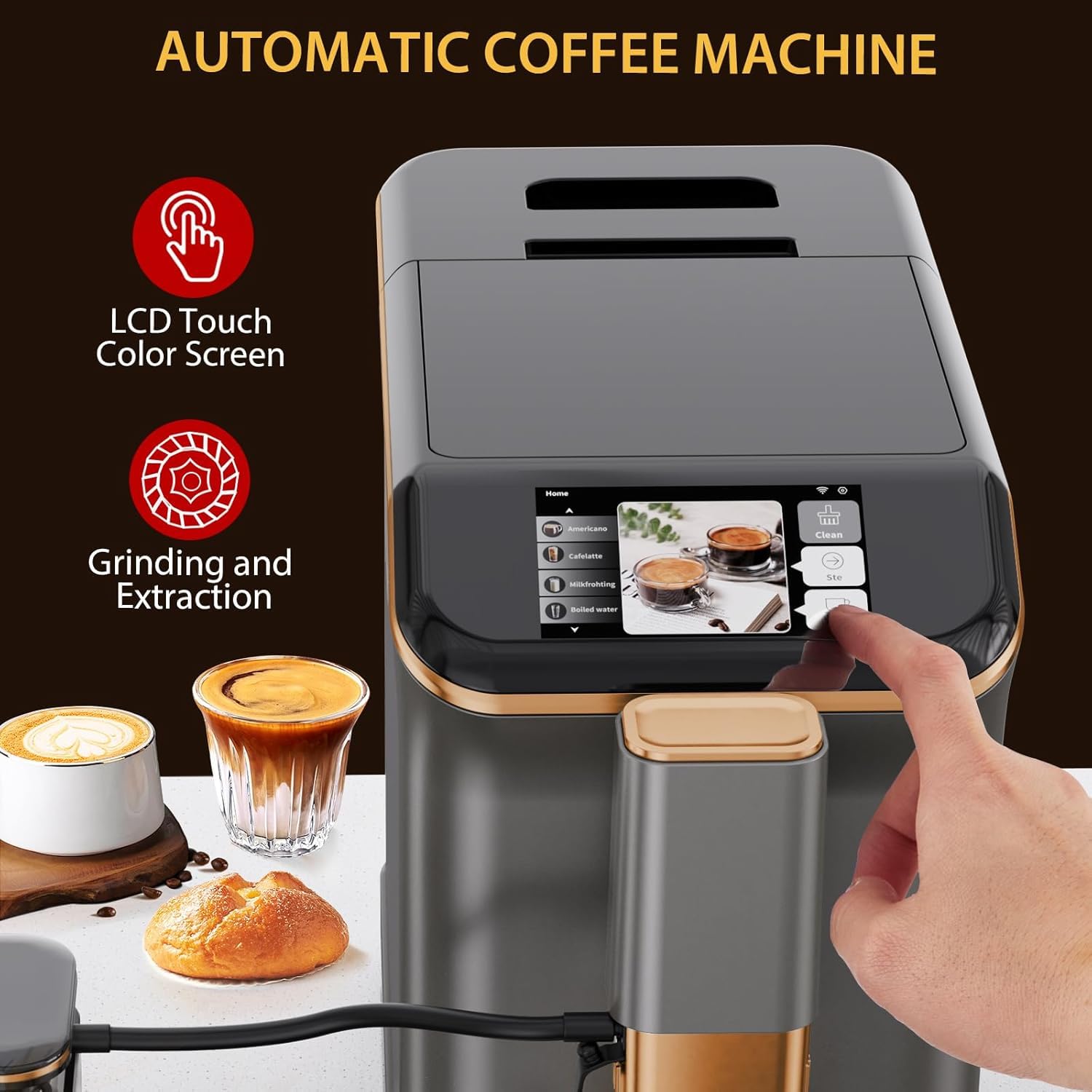 20 Bar Semi-Automatic Espresso Machine with Built-in Grinder & Milk Frother - 95oz Removable Water Tank (Grey/Gold) - Professional Coffee Maker for Home Baristas & Coffee Lovers - Perfect for Espresso, Cappuccino & Latte Making at Home