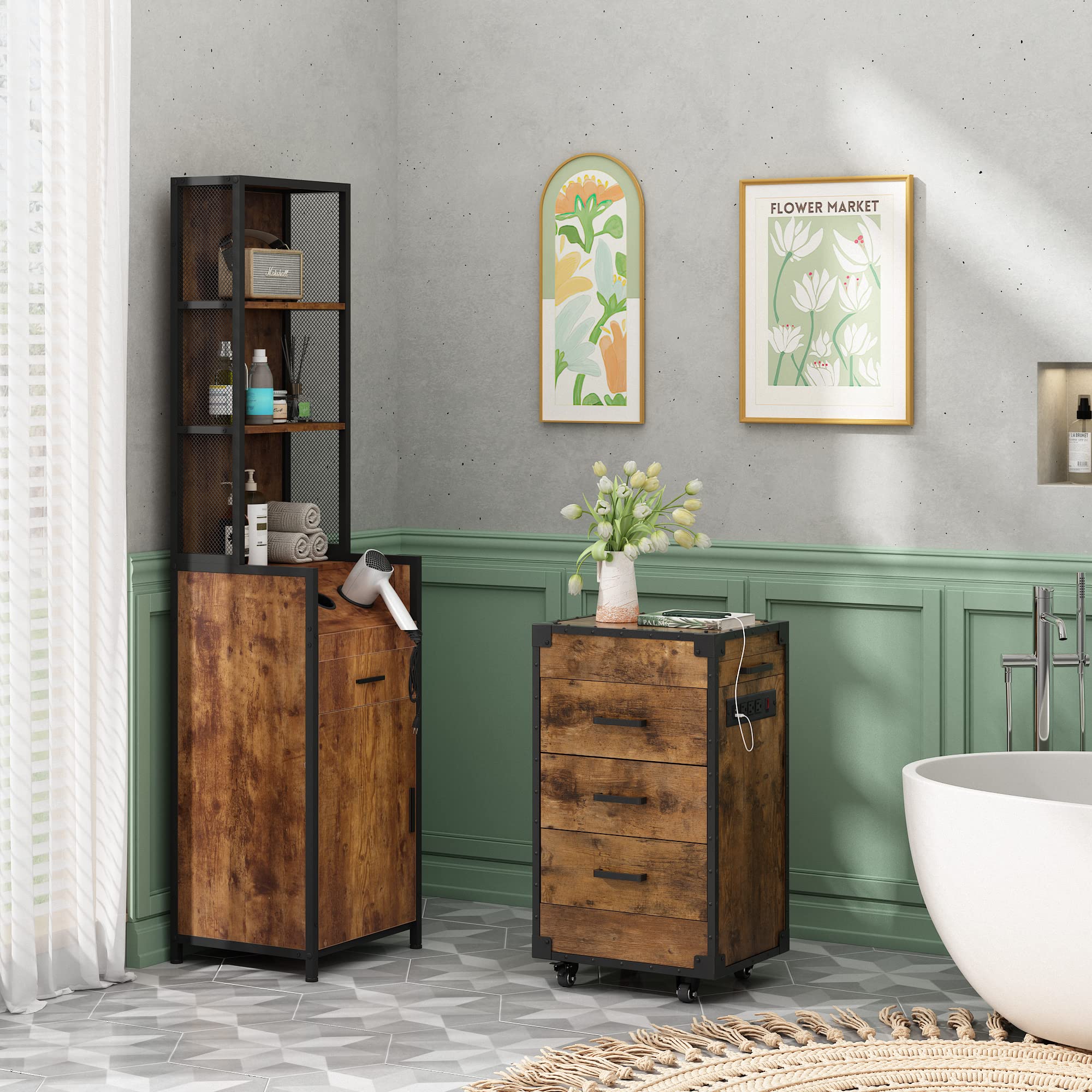 Professional Industrial Style Hair Salon Station - Heavy Duty Beauty Equipment for Stylists, Spas & Barbers - Rustic Brown Storage Cabinet with 3 Hair Dryer Holes & Lockable Drawers - Perfect for Salon Organization & Client Workstations