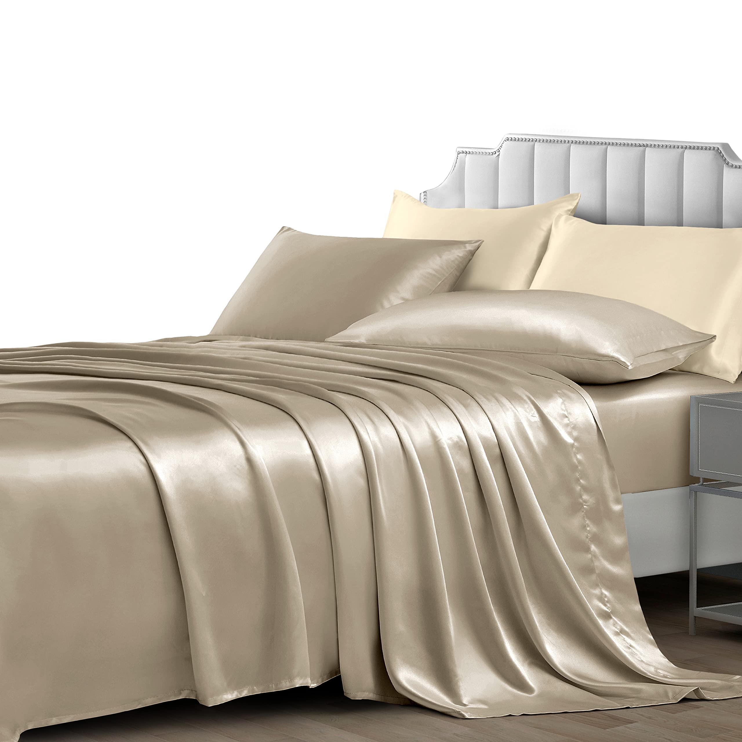 Premium 4-Piece Satin Sheet Set Full Size - Ultra Soft Cooling Bedding with 1 Fitted Sheet, 1 Flat Sheet & 2 Pillowcases - Luxury Taupe Satin Bed Sheets for Hot Sleepers - Perfect for Master Bedroom, Guest Room & Dorm Decor