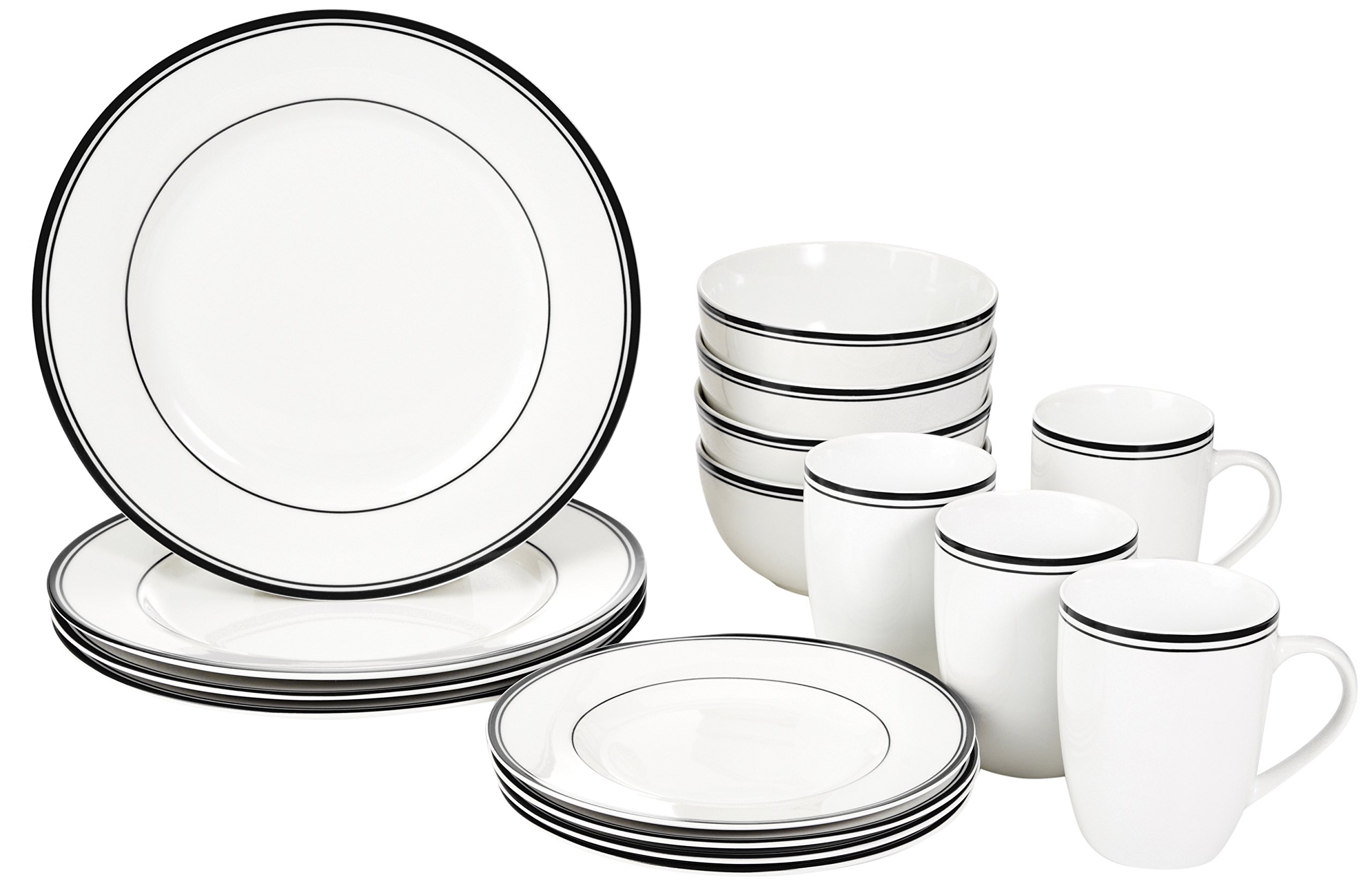 Amazon Basics 16-Piece Cafe Stripe Dinnerware Set - Plates, Bowls, Mugs for 4 People & 8-Piece Non-Stick Cookware Set with Pots and Pans - Modern Black Kitchen Essentials for Dining, Cooking & Entertaining