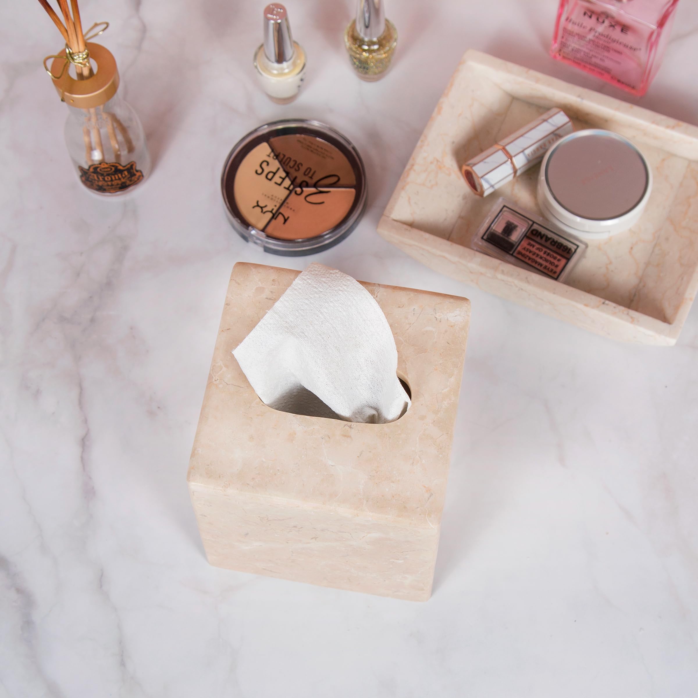 Premium Hand-Carved Natural Marble Tissue Box Cover - Elegant Square Facial Tissue Holder for Bathroom, Bedroom, Living Room & Car - Durable Champagne Beige (5.4” x 5.4” x 5.6”) - Perfect for Home Decor & Luxury Gifts
