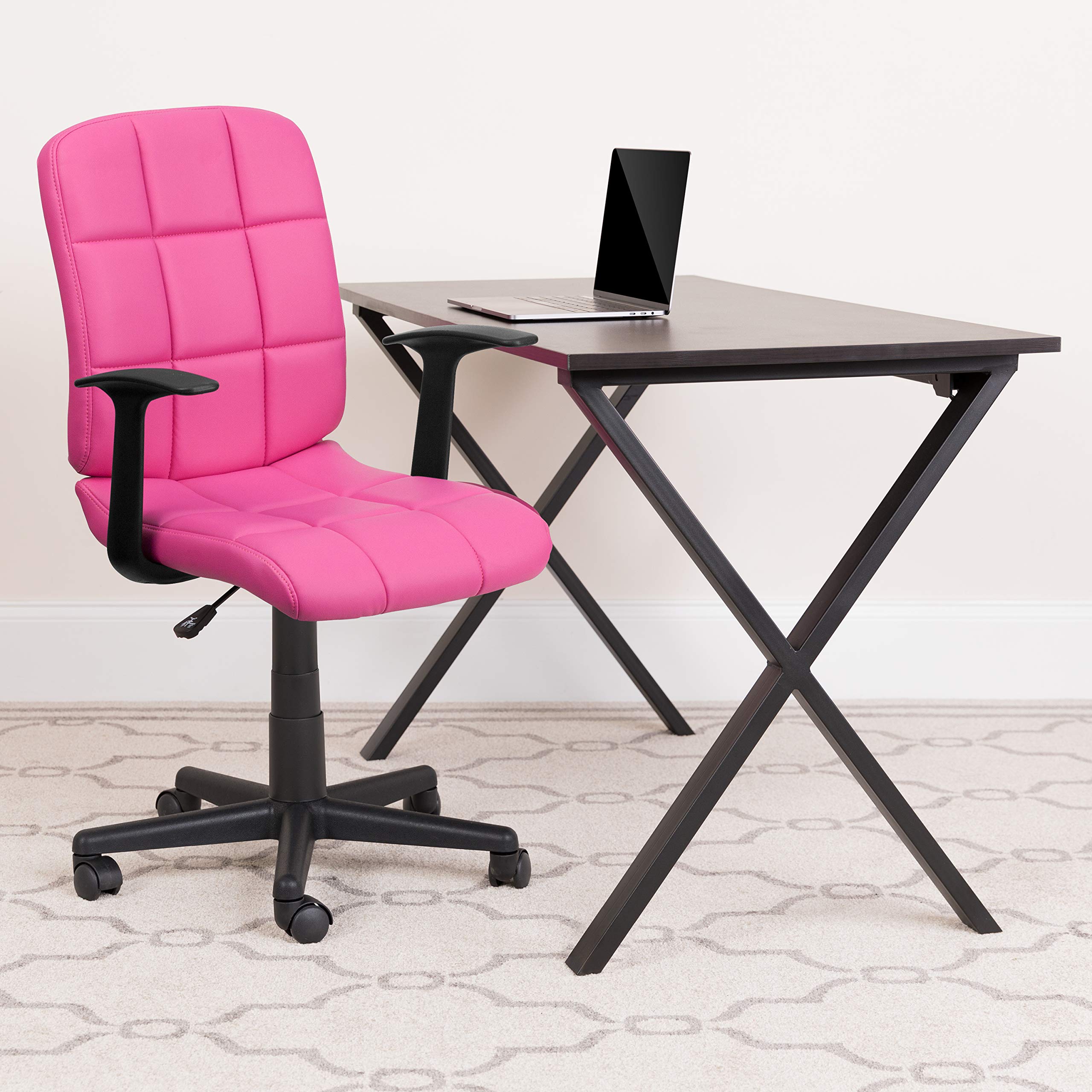 Flash Furniture Clayton Mid-Back Pink Quilted Vinyl Swivel Task Office Chair with Arms - Ergonomic Desk Chair for Home Office, Study & Workspace