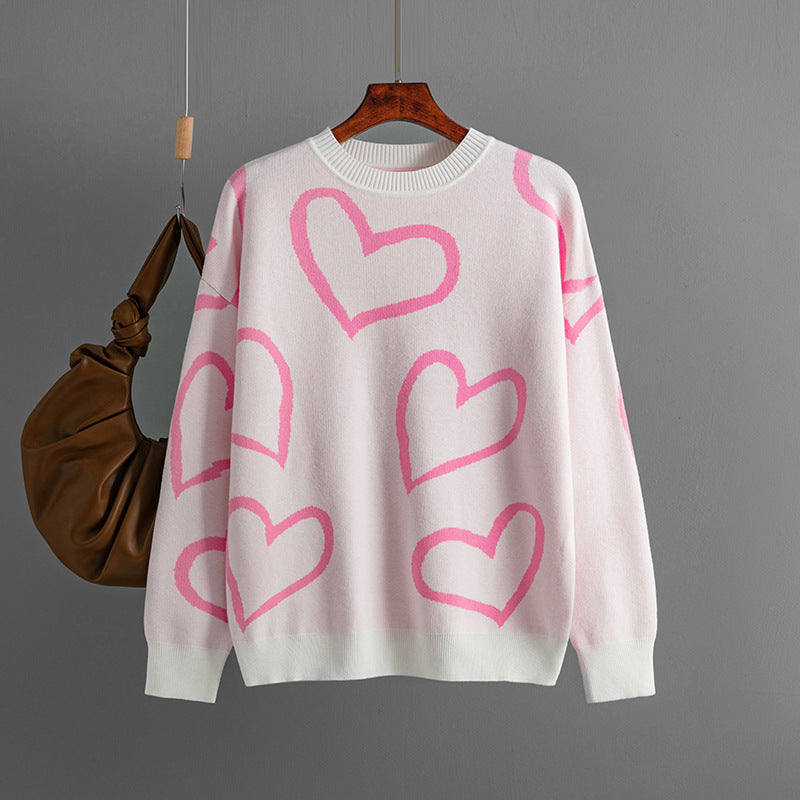 Stylish Round Neck Love Sweater - Loose Fit Pullover Sweater for Women 1948 | Cozy Casual Wear for Dates & Fall Outfits
