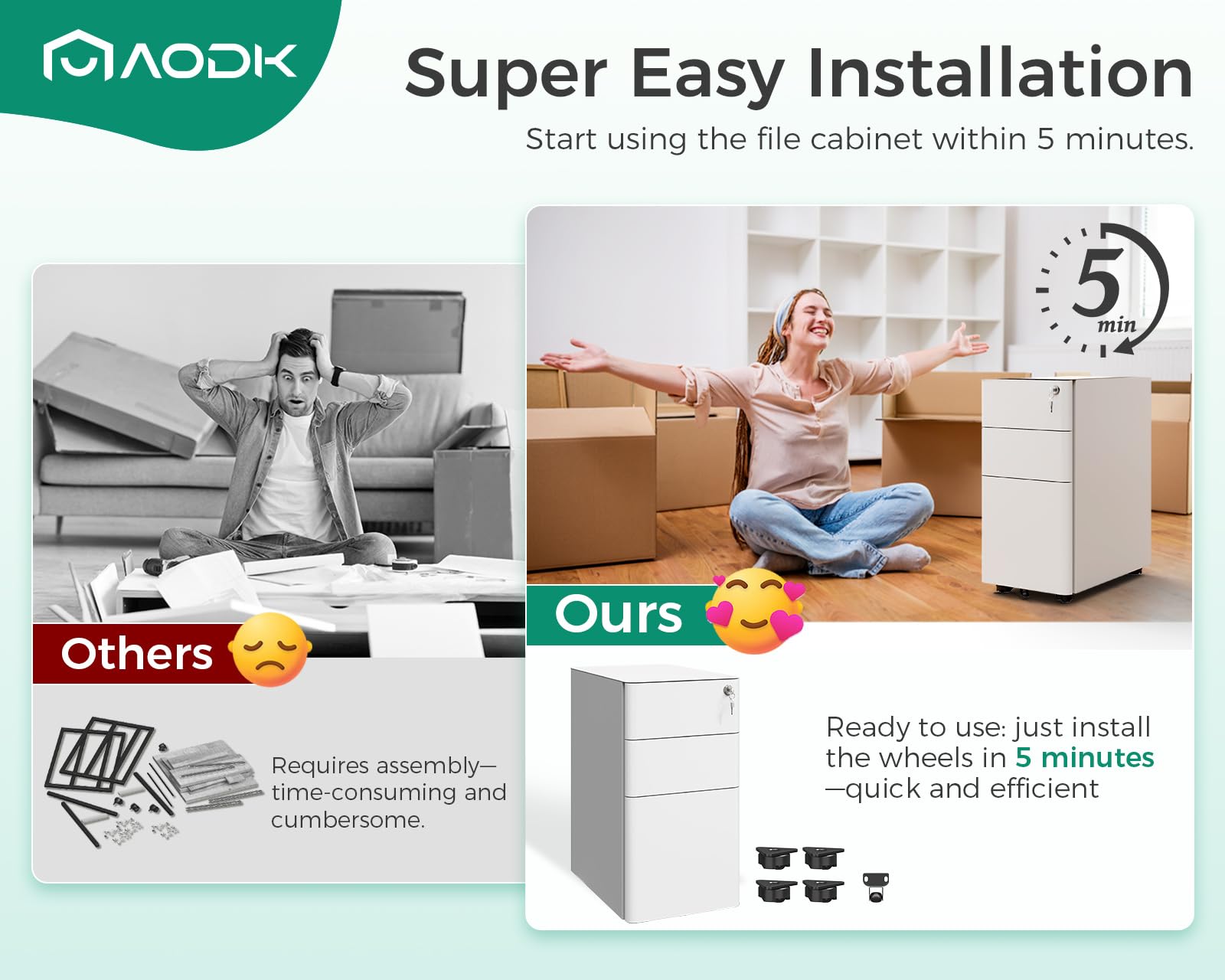 AODK 3-Drawer Rolling File Cabinet with Lock - Fully Assembled Mobile Storage for A4/Legal/Letter Files - White - Perfect for Home Office Organization & Document Management
