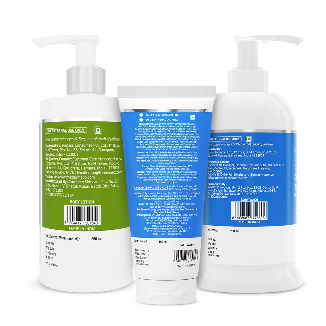 The Derma Co Clear & Smooth Acne Treatment Kit - 2% Salicylic Acid Face Wash (100ml) + 1% Salicylic Acid Body Wash (250ml) + 1% Salicylic Acid Body Serum Lotion (250ml) | For Acne-Prone Skin | Exfoliates & Brightens | Perfect for Daily Skincare Routine & Body Care