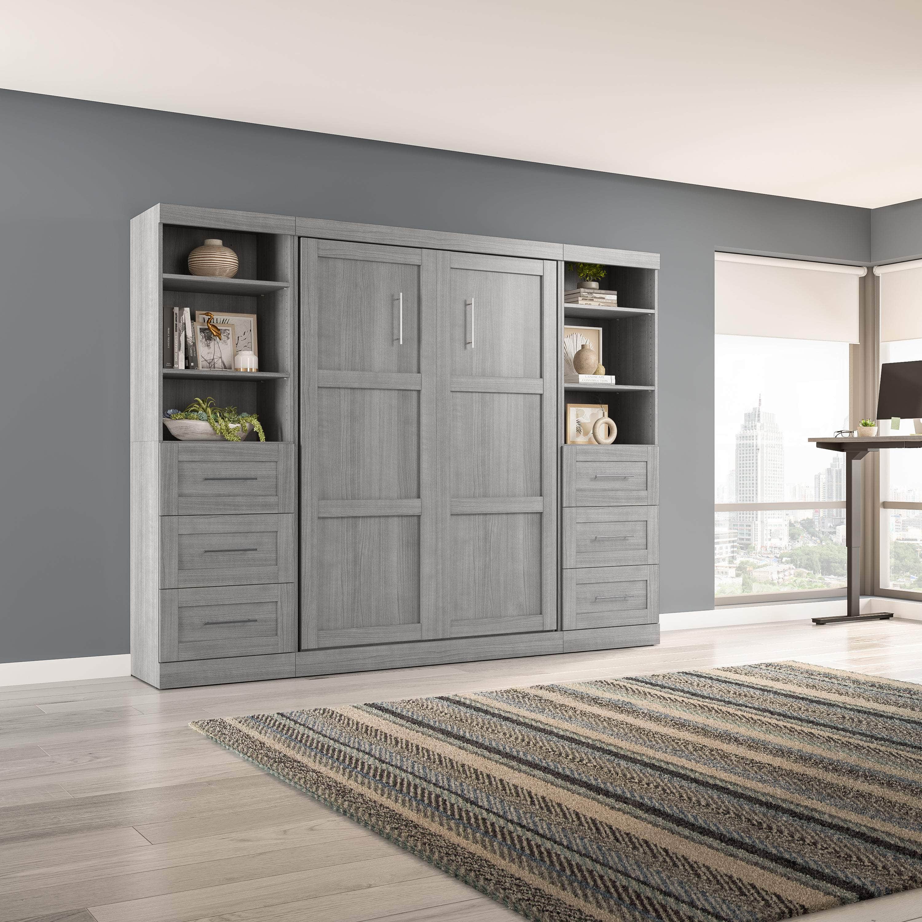 Pur Full Murphy Wall Bed with 2 Storage Units & Drawers (109W) - 7 Color Options for Space-Saving Home Office, Guest Room & Small Apartments