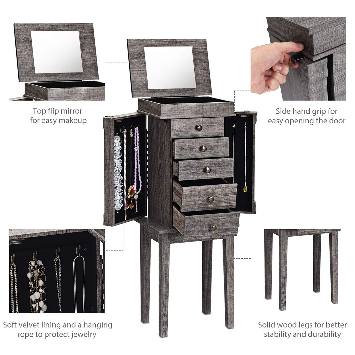 CHARMAID Gray 5-Drawer Jewelry Armoire with Full-Length Mirror, Swing Doors & Necklace Hooks - Large Standing Jewelry Organizer Cabinet for Bedroom, Closet & Dressing Room