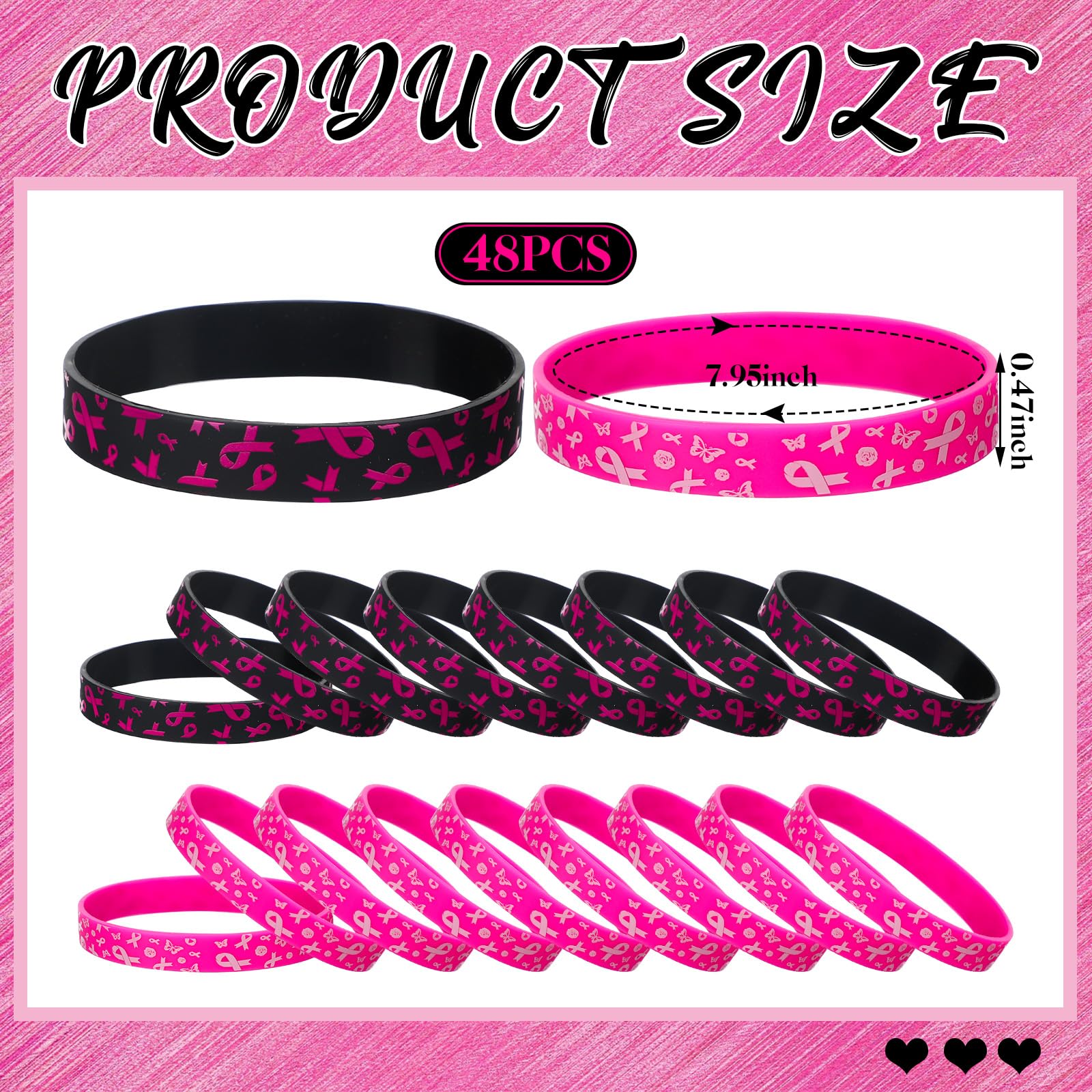 48 Pack Pink Ribbon Breast Cancer Awareness Silicone Wristbands - Inspirational Black & Pink Bracelets for Women, Fundraising Events, Survivor Gifts & Charity Support Accessories