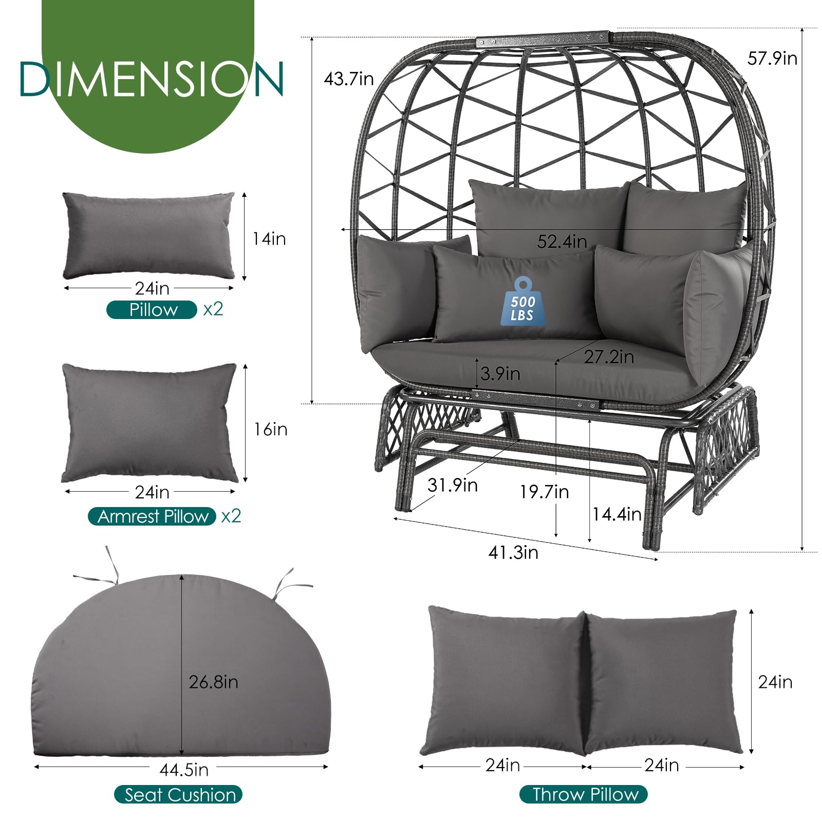 NICESOUL® Oversized Double Wicker Rocking Egg Chair - 500lb Capacity Egg Basket Loveseat with Thick Cushions & Sturdy Legs - Indoor/Outdoor Patio Gliding Swing Chair for Couples - Perfect for Garden, Balcony, Backyard Relaxation & Romantic Dates