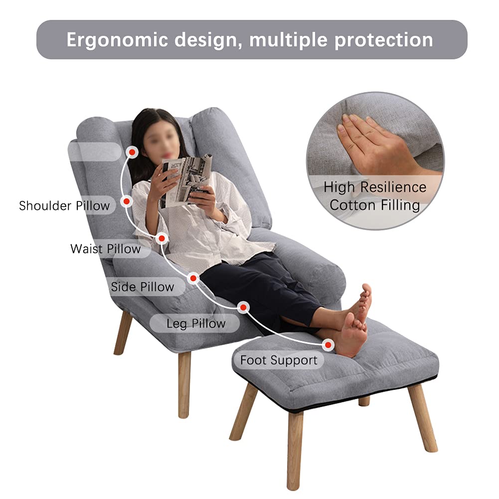 Foldable Lazy Sofa Chair with Ottoman - Adjustable Modern Accent Armchair & Footstool Set - Upholstered Recliner Lounge Chair for Indoor & Outdoor Use - Perfect for Living Room, Patio, or Bedroom (Grey)