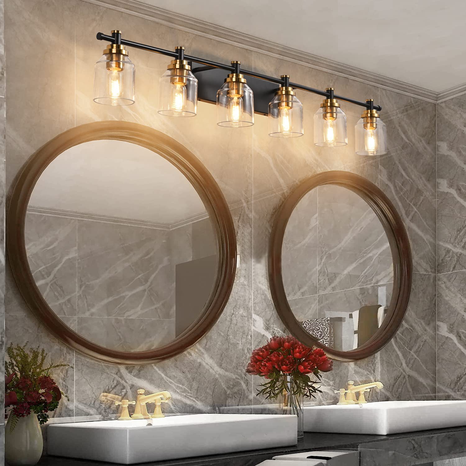 SOLFART 6-Light Black Brass Bathroom Vanity Light Fixture - Vintage Style Mirror Lighting with Thick Clear Glass Shades for Bathroom, Powder Room & Dressing Area