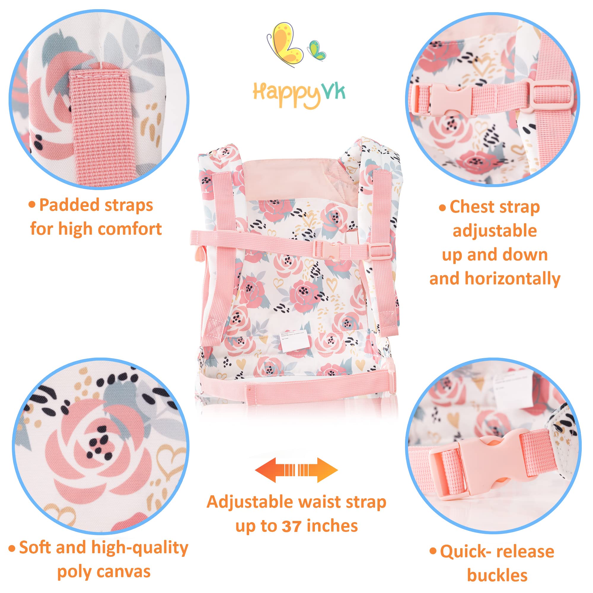 Pink Roses Baby Doll Carrier for Little Girls - Reborn Doll Accessories & Kids Toy for Pretend Play, Role Play, and Parenting Fun