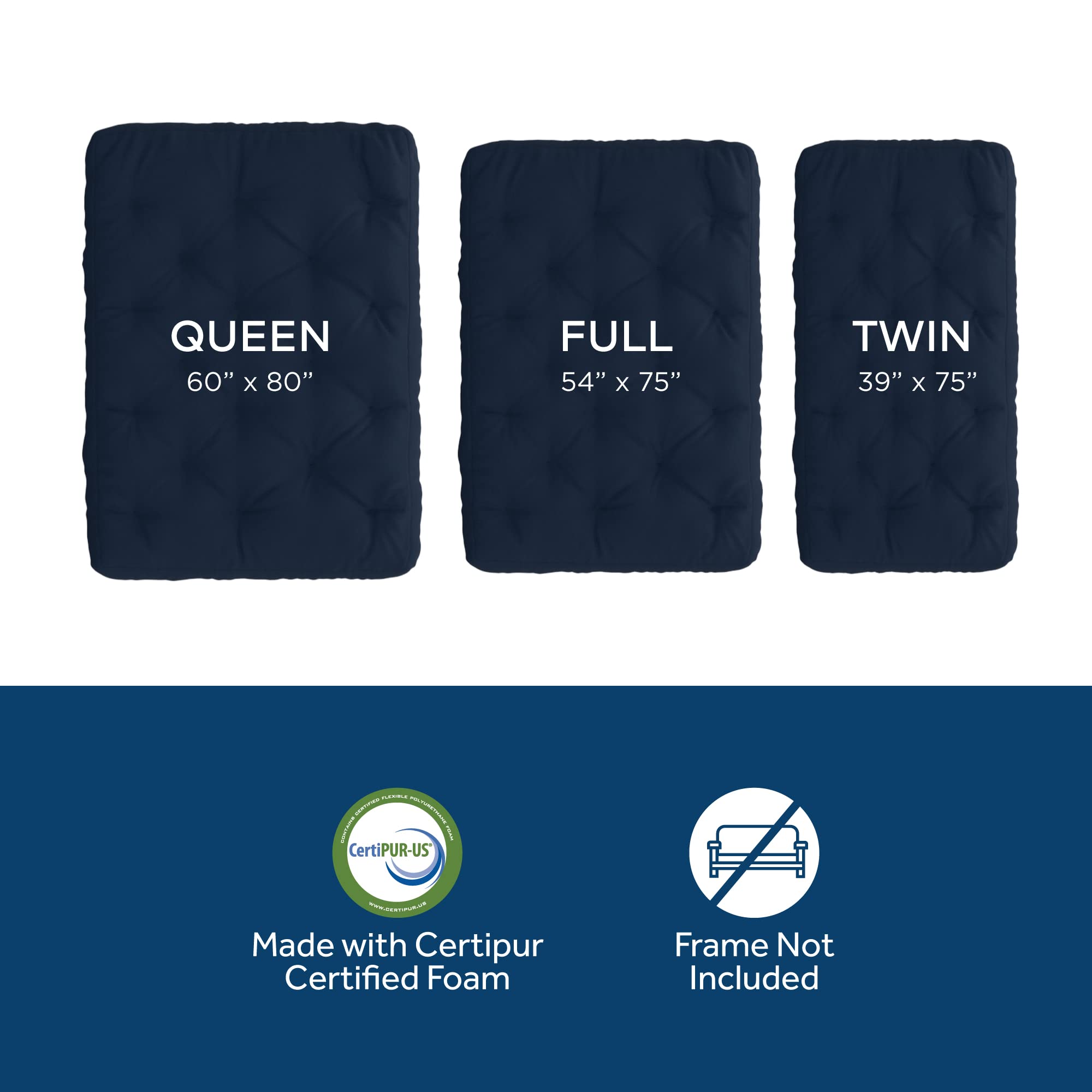 8 Inch Queen Size Foam Futon Mattress with Solid Navy Cover - CertiPUR-US Certified, Made in USA - Perfect for Guest Rooms, Small Spaces & Dorm Rooms - The Futon Factory Royal Sleep Collection (Frame Not Included)