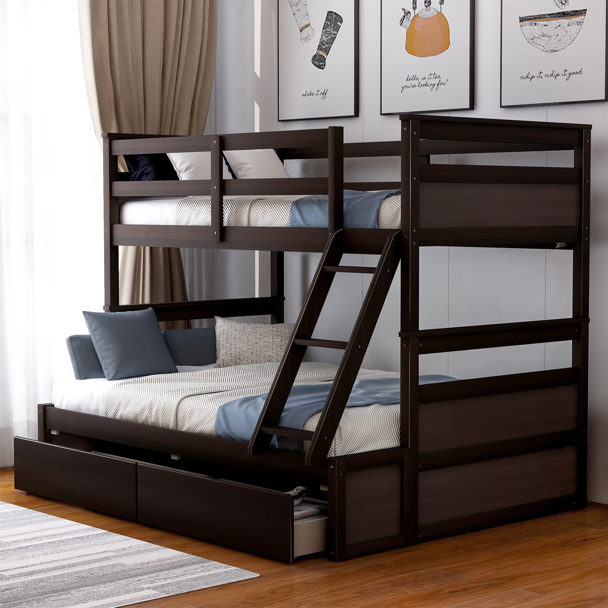 Harper & Bright Designs Solid Wood Twin Over Full Bunk Bed with Storage Drawers, Ladder & Safety Guard Rail - Sturdy Kids, Teens & Adult Bunk Bed in Espresso Finish | Perfect for Small Bedrooms, Guest Rooms & Vacation Homes