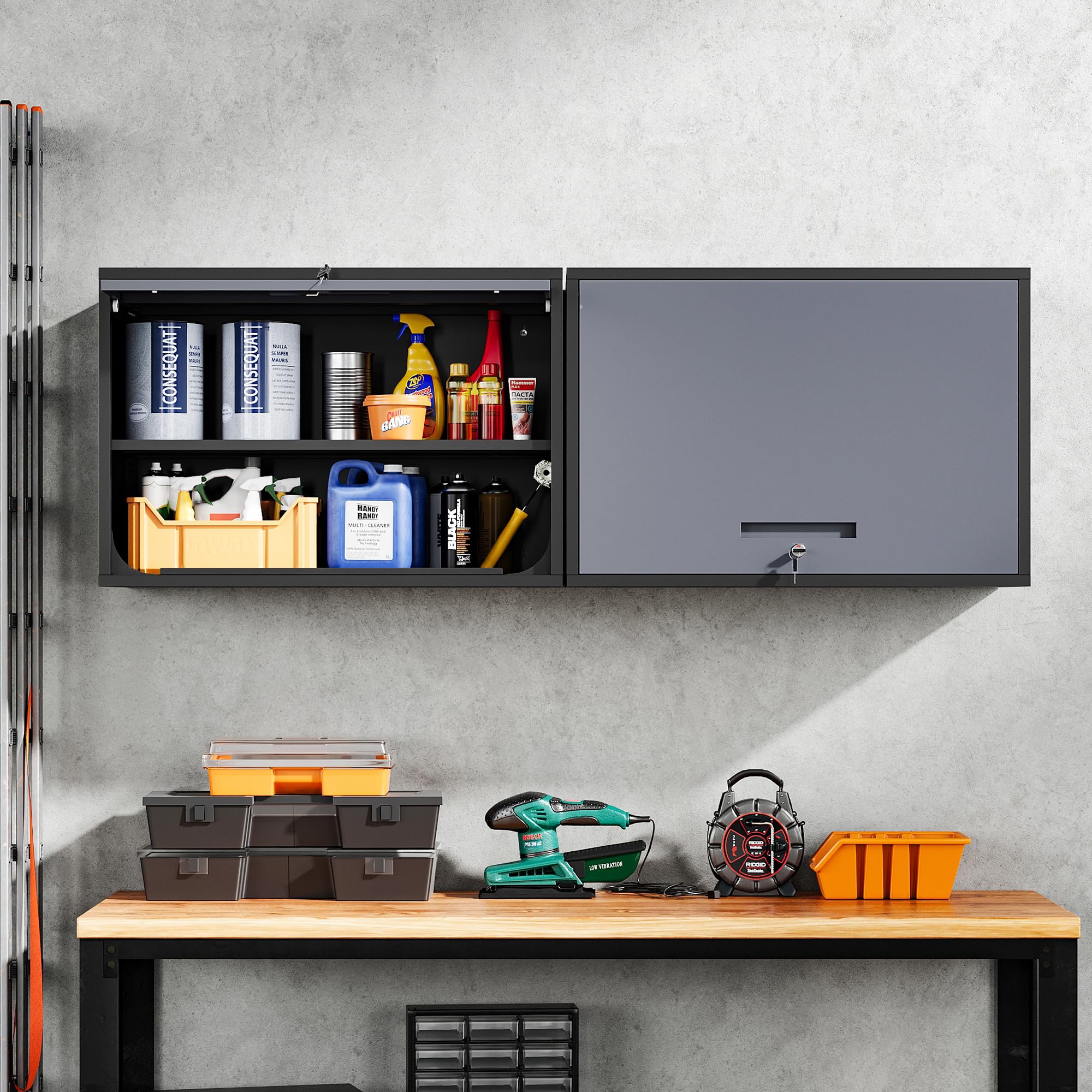 Yizosh Metal Wall Cabinet with Doors and Shelves - Wall Mounted Storage Organizer for Garage, Basement, Kitchen, Warehouse - Heavy Duty Black Gray Cabinet (21.6