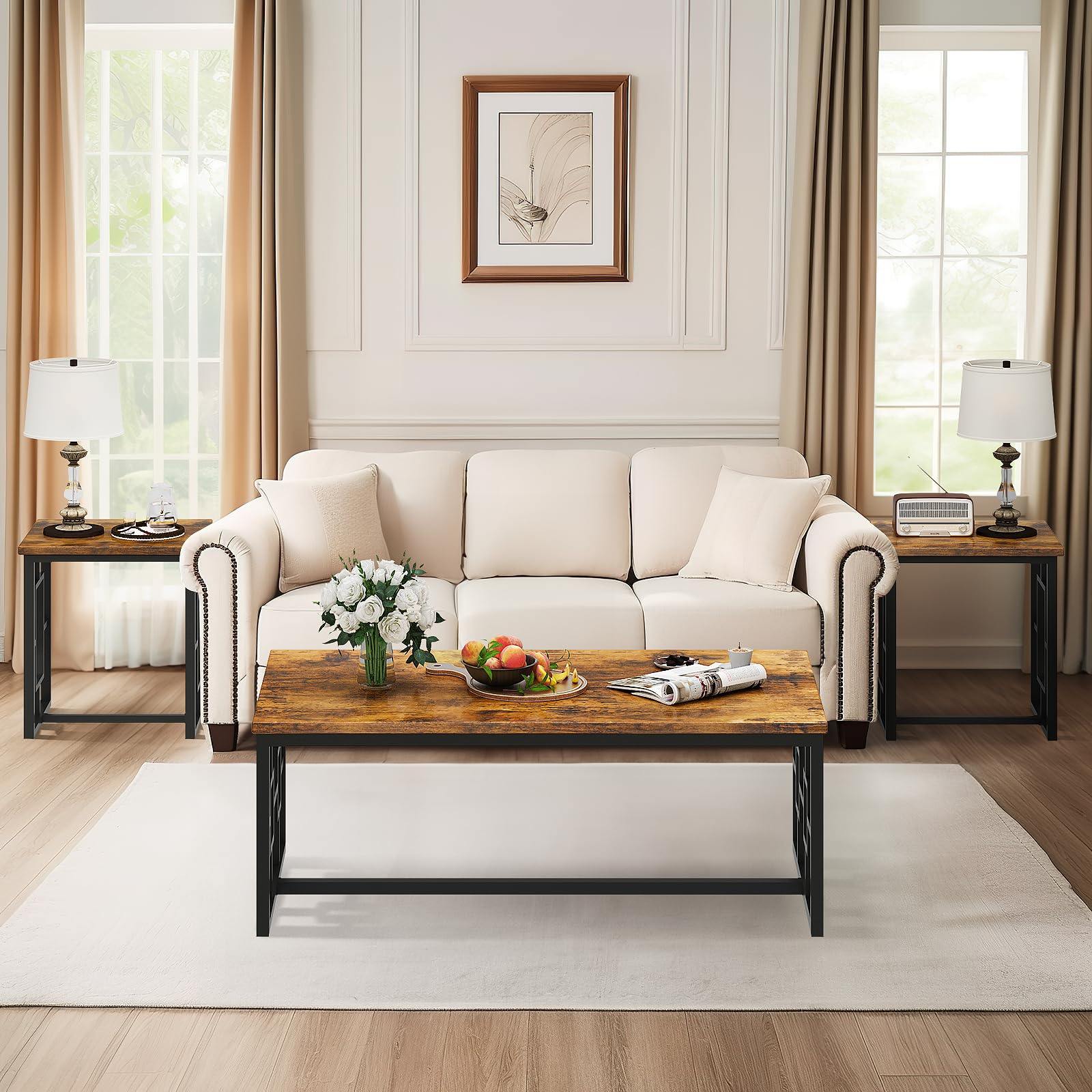 Modern 3-Piece Coffee Table Set with Side Tables - Rustic Brown Living Room Furniture for Small Spaces, Office & Apartments - Easy Assembly Home Decor for Cozy Gatherings & Entertainment Areas