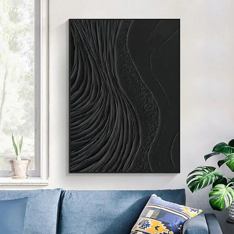 Black Minimalist Textured Painting Canvas - Modern Abstract Wall Art Decor for Living Room, Bedroom & Office | Premium Quality #MZ002