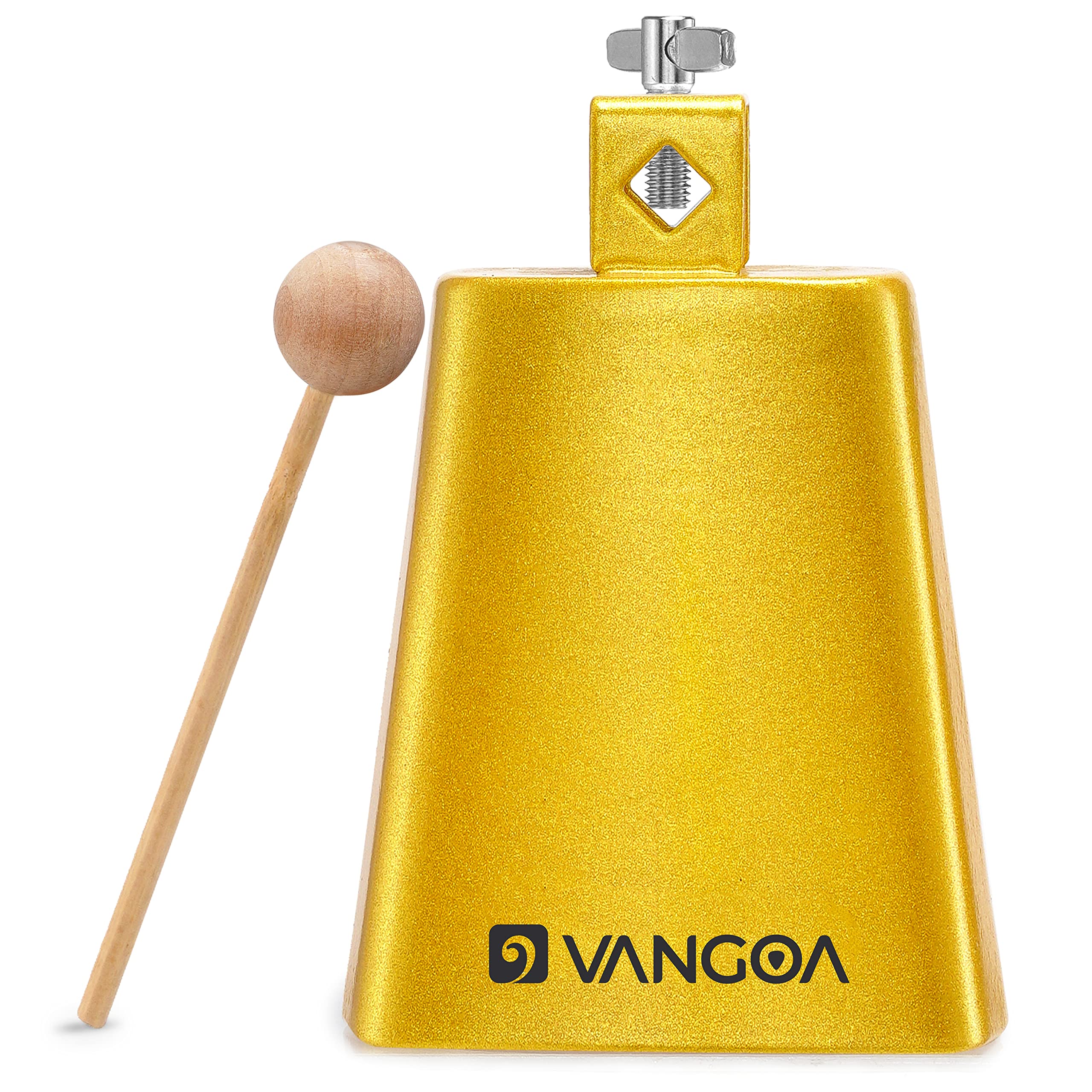 Vangoa 6 Inch Metal Steel Cow Bell with Stick - Gold Percussion Instrument for Drumset, Band, Live Performance & Music Practice