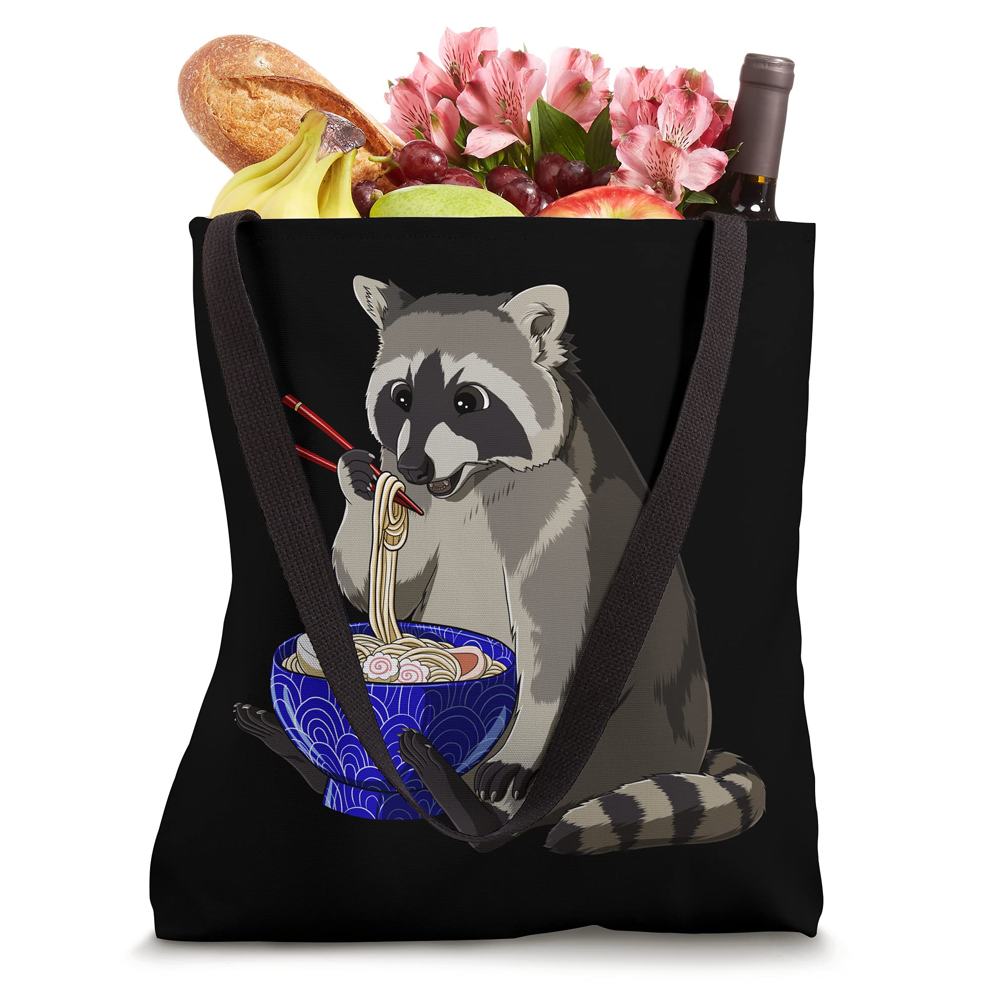 Japanese Noodles Kawaii Ramen Bowl Funny Raccoon Tote Bag - Cute Anime Themed Reusable Shopping Bag for Ramen Lovers, Cosplay & Kawaii Fashion Accessories