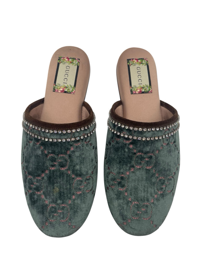 Gucci Velvet GG Monogram Crystal Mules for Women - Size 37 (US 7) - Luxury House Slippers for Home, Parties & Special Occasions