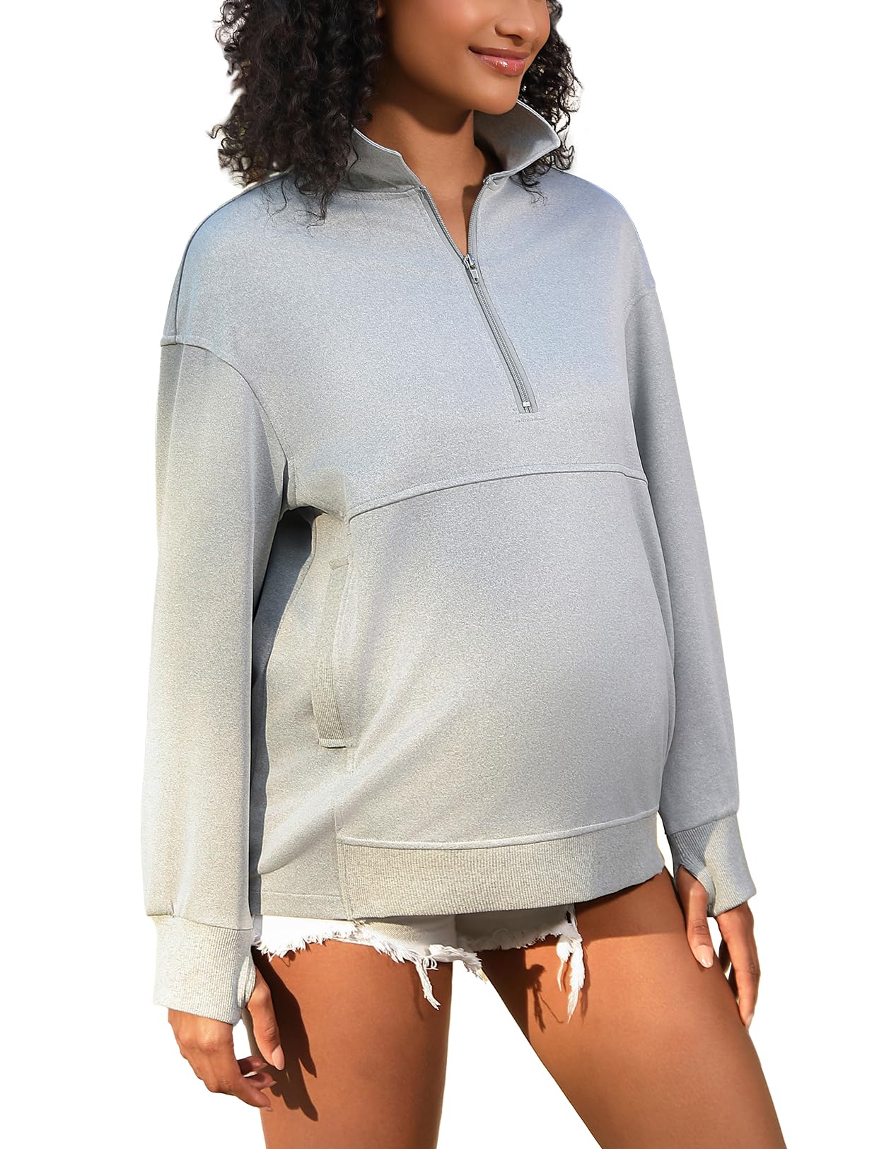 Bhome Maternity Sweatshirt - Half Zip Active Maternity Shirt with Thumbholes & Pockets - Long Sleeve Pullover for Pregnancy Comfort - Perfect for Yoga, Walking & Everyday Wear