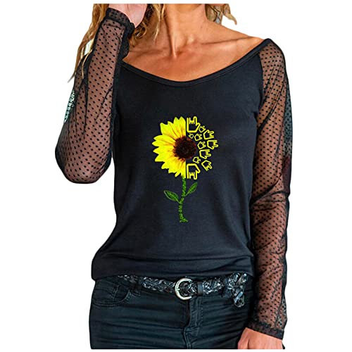 Huneny Women's Long Sleeve T-Shirt Sheer Mesh Neckline Blouse - Spring Fashion Loose Comfortable Casual Top for Work, Date Night & Everyday Wear