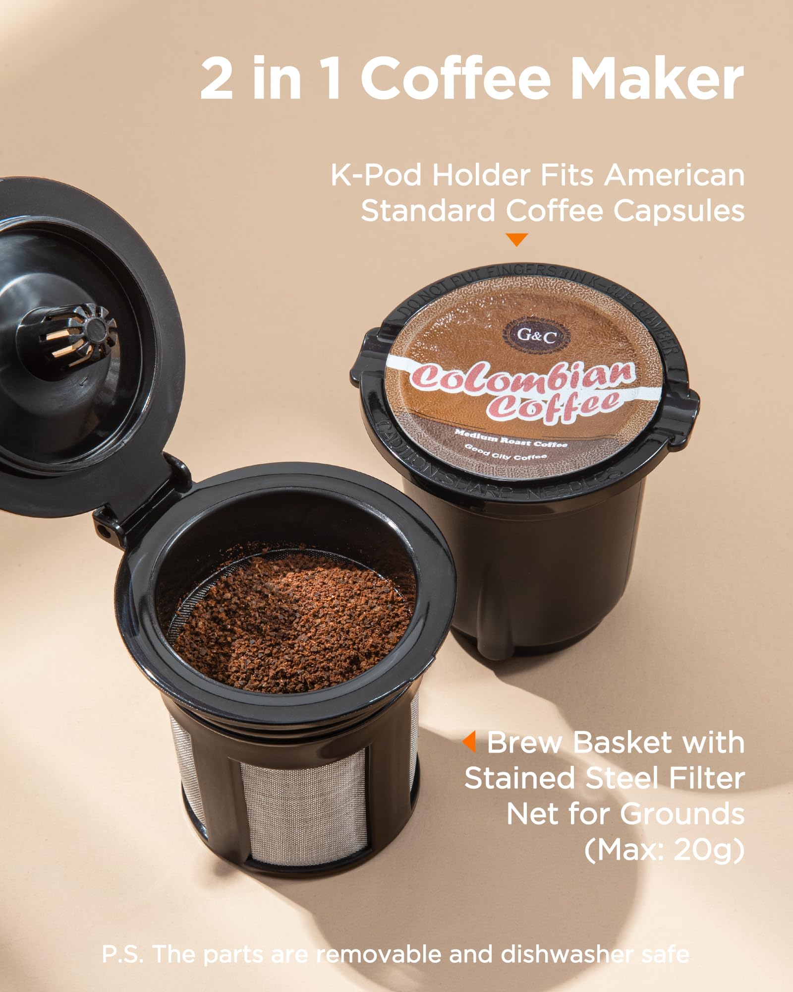 Famiworths Mini Single Serve Coffee Maker for K-Cup & Ground Coffee - 6 to 12 Oz Brew Sizes, Compact Capsule Coffee Machine with Water Window & Descaling Reminder (White) - Perfect for Home, Office, Dorm & Travel Use