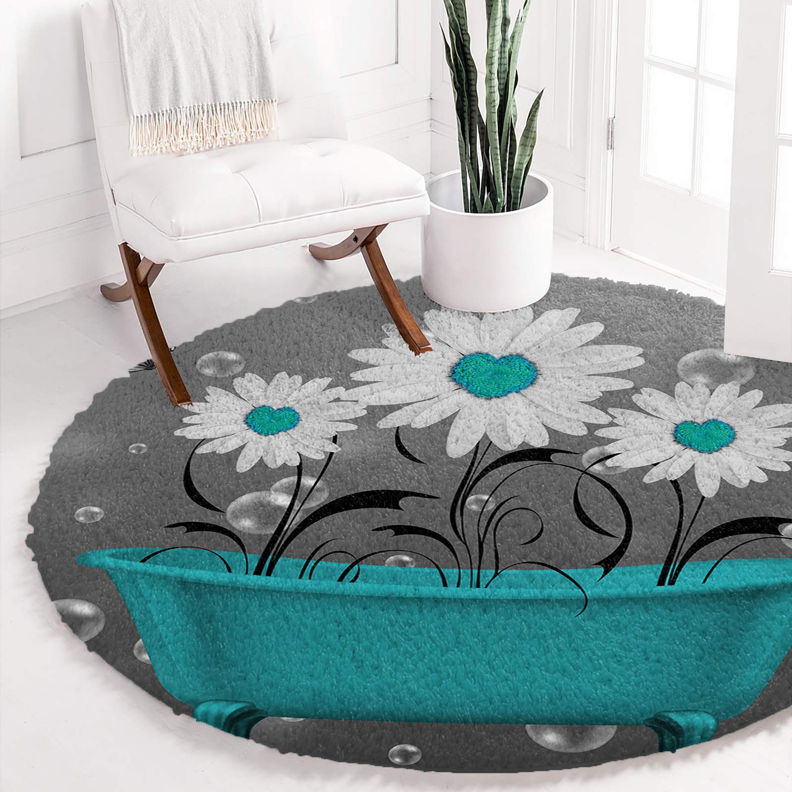 60in Soft Fluffy Round Area Rug - Rustic Daisies in Bubble Bath - Washable Non-Slip Shaggy Carpet for Bedroom, Living Room & Nursery - Modern Abstract Decor - Perfect for Cozy Home, Kids Play Area & Boho Chic Interior Design