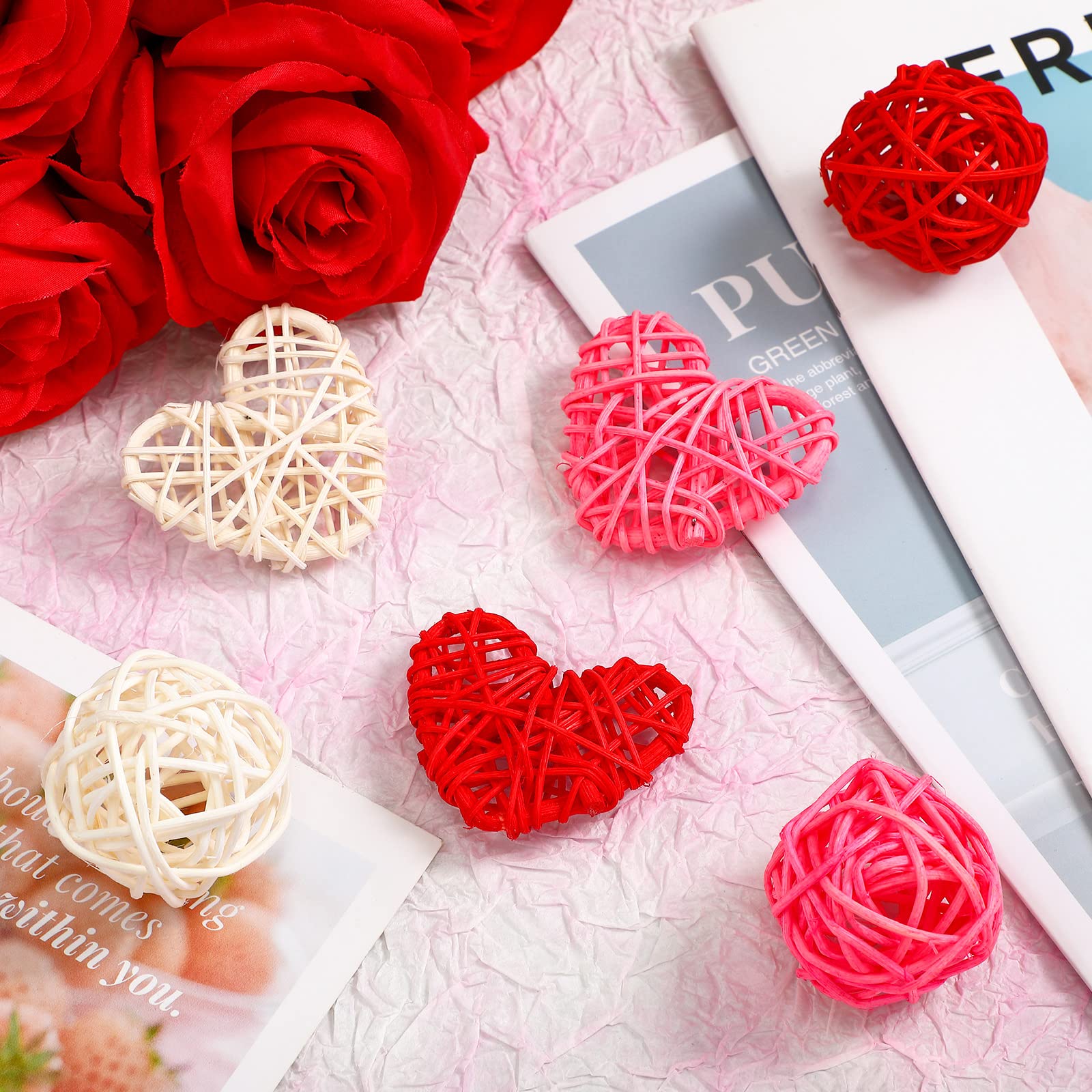 24-Piece Valentine's Day Wicker Rattan Ball Set - 12 Heart-Shaped & 12 Round Rattan Balls for DIY Crafts, Christmas Tree Decorations, Wedding & Home Party Decor in Pink, Red & White