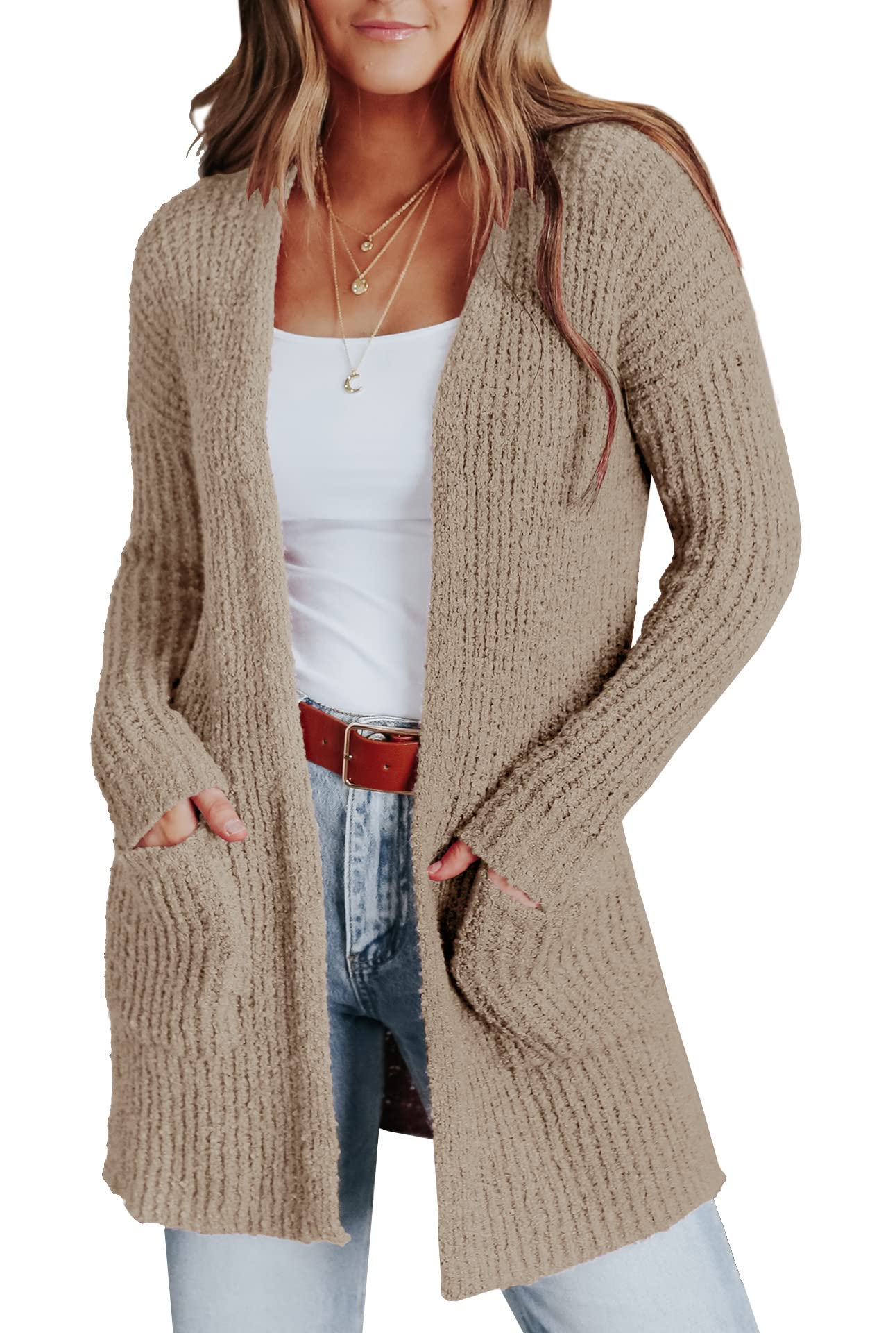 Amarmia Women's Open Front Casual Cardigan Sweater - Long Sleeve Chunky Knit Loose Fit with Pockets | Perfect for Fall Layering, Office Wear & Cozy Home Outfits