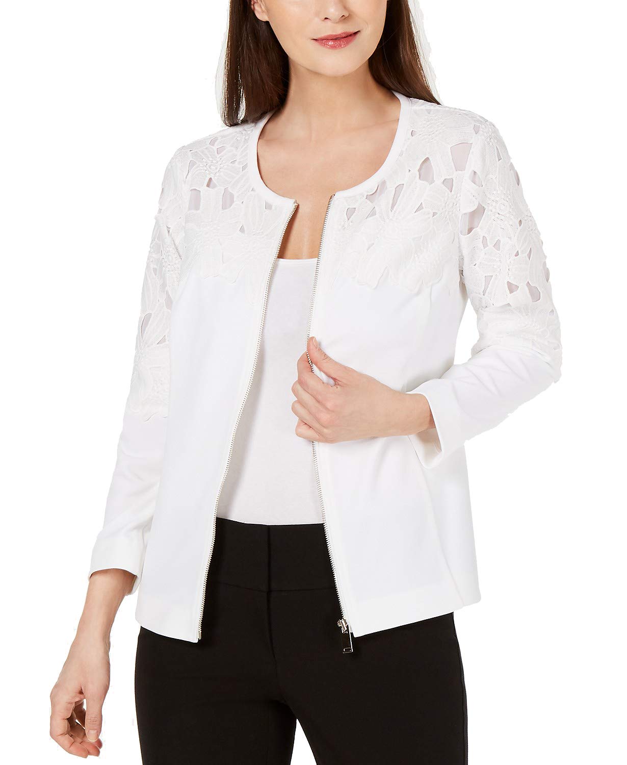Alfani Women's Zip-Front Crochet Cardigan - Lightweight Boho Open Front Knit Sweater for Spring & Fall | Casual Outfits, Beach Cover-Up, Date Night Looks