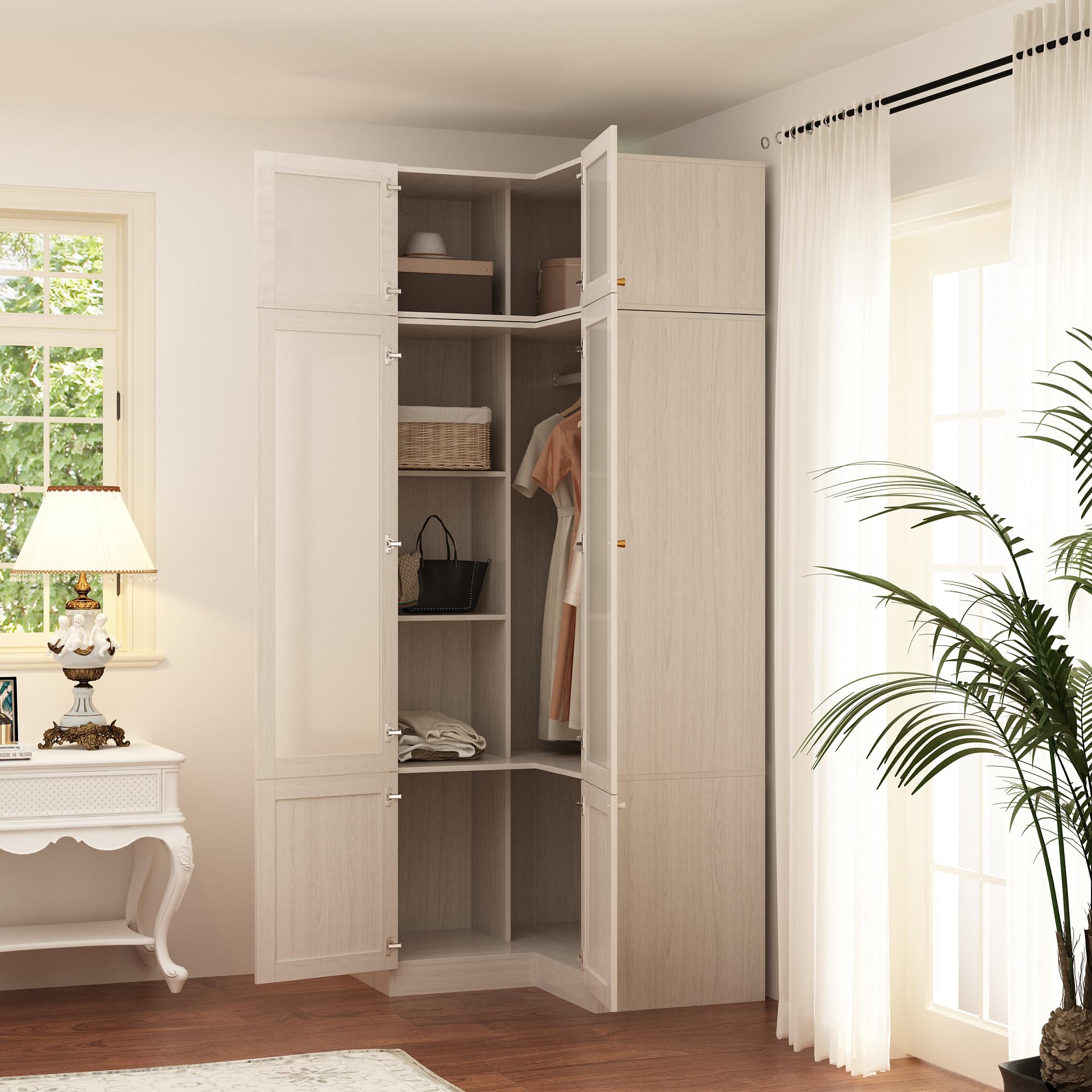 Homsee L-Shaped Armoire Wardrobe Closet with Frosted Glass Doors - Wooden Storage Cabinet with Hanging Bar & Shelves, Top Cabinet for Bedroom Organization - Warm Grey (35.4”L x 35.4”W x 86.6”H) - Perfect for Master Bedroom, Guest Room & Walk-In Closet Storage Solutions