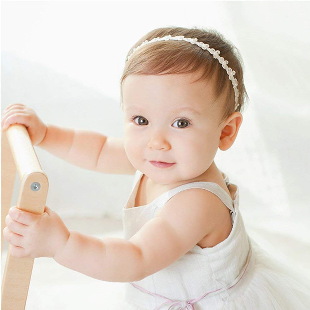 RQJ Baby Girls Christening Headband - Baptism Headpiece with Lace, Flowers & Pearls - Elastic Hair Bands for Toddlers & Infants - Perfect for Christening, Baptism, First Communion & Special Occasions