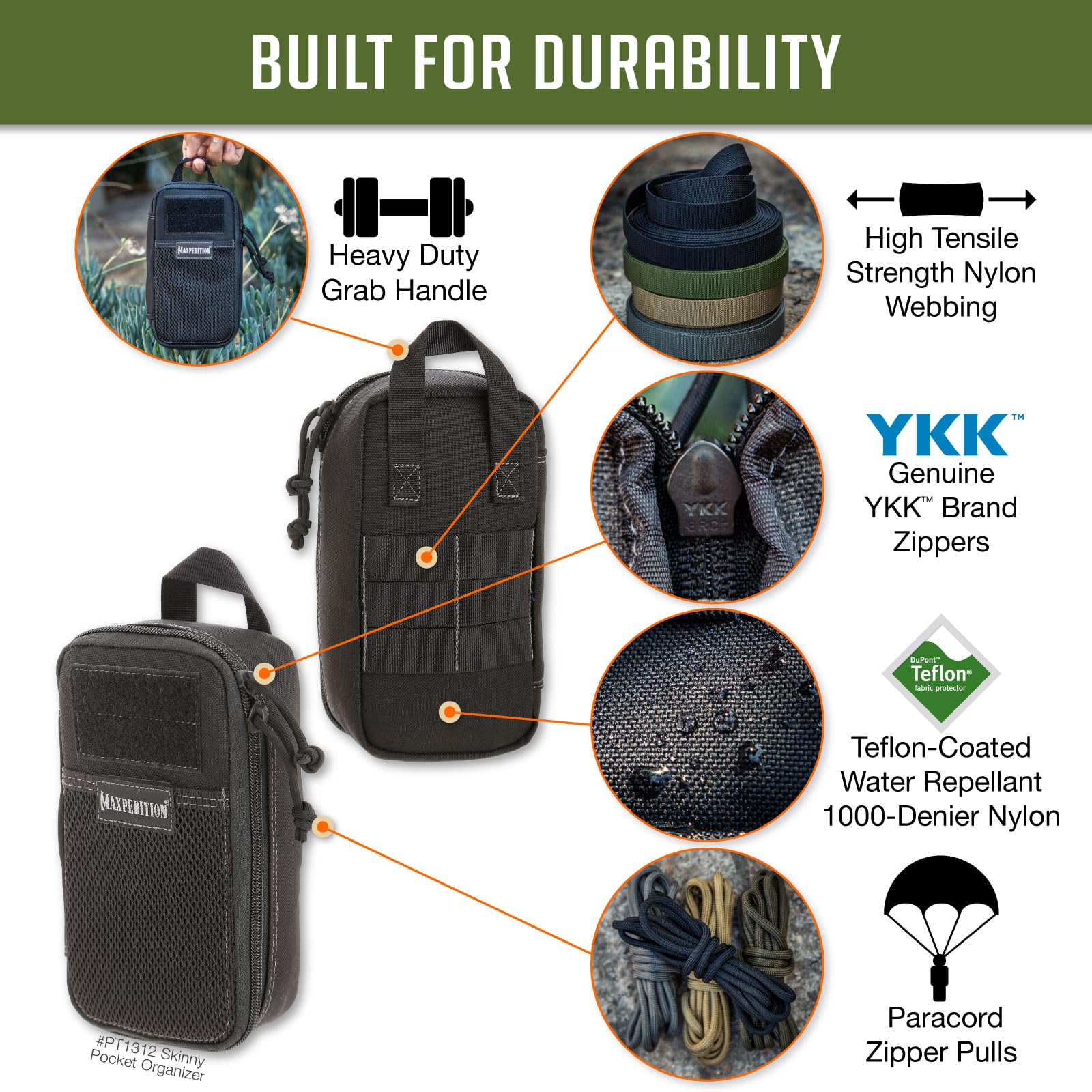 MAXPEDITION Skinny Pocket Organizer - Compact EDC Gear Pouch for Outdoor, Travel & Everyday Carry (Black) - Perfect for Hiking, Camping & Tactical Use