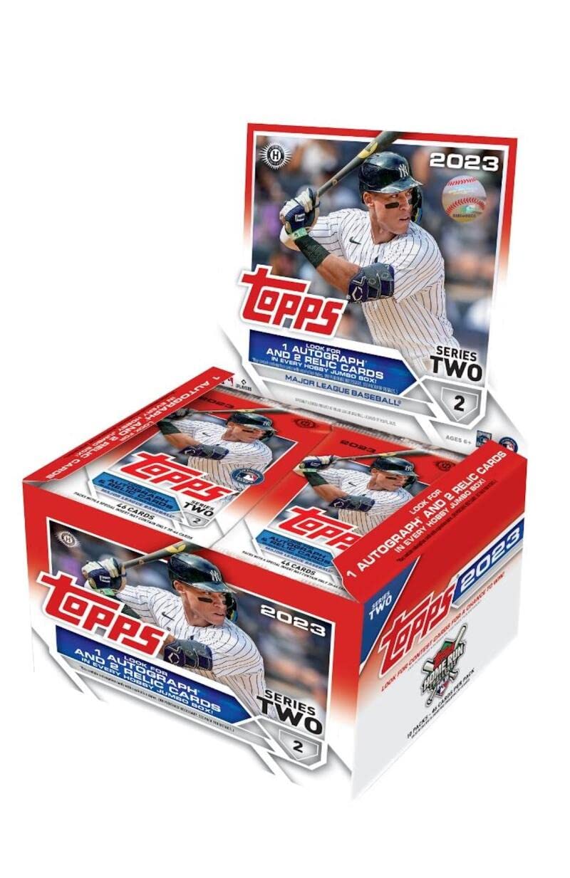 2023 Topps Series 2 Baseball Jumbo Box - 10 Packs/46 Cards with 1 Autograph, 2 Relics & 2 Silver Packs | MLB Trading Cards Collection for Collectors & Fans | Perfect for Sports Memorabilia Displays & Fantasy Baseball Enthusiasts